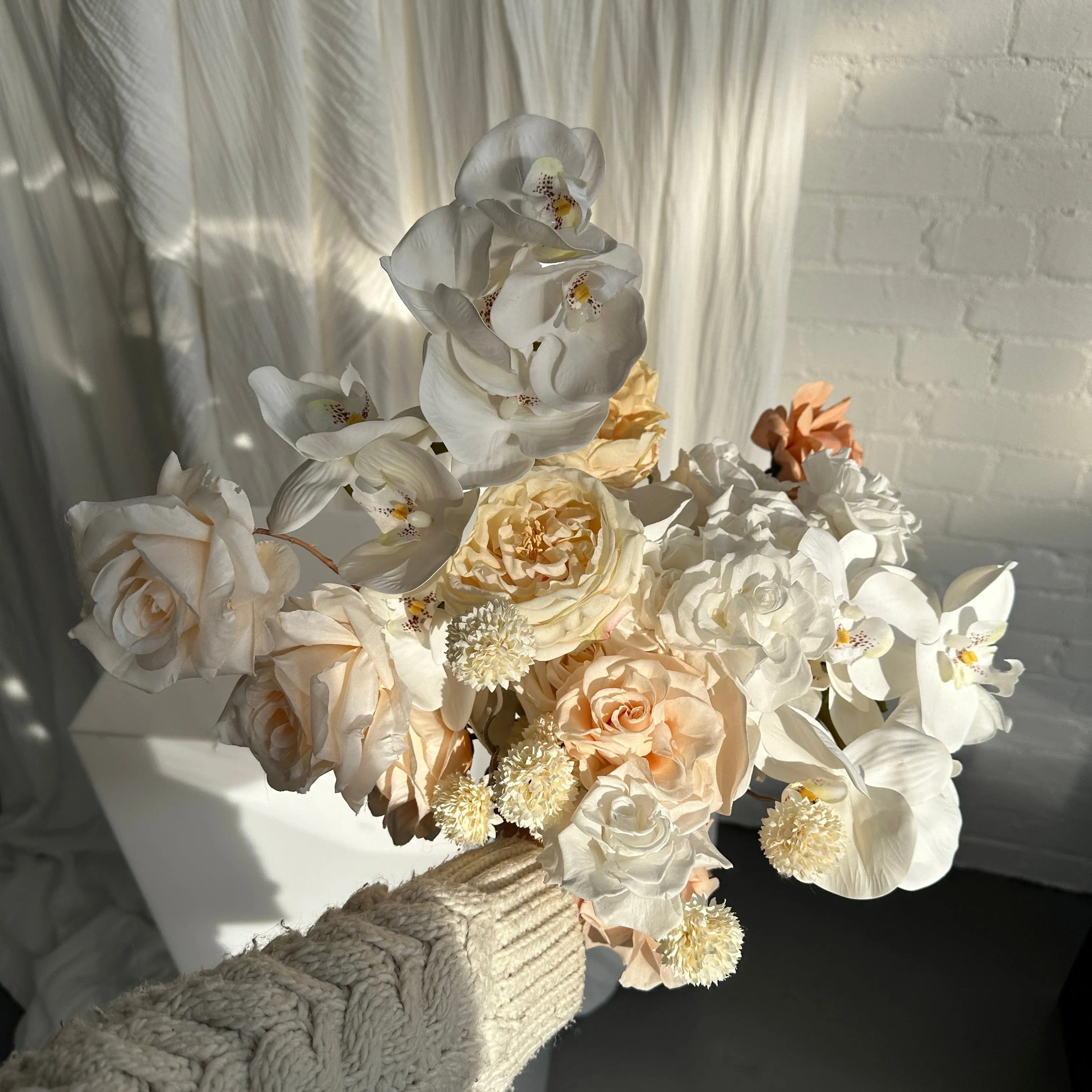 Dried & Artificial Flowers Top Table Centerpiece - Ivory White & Peach