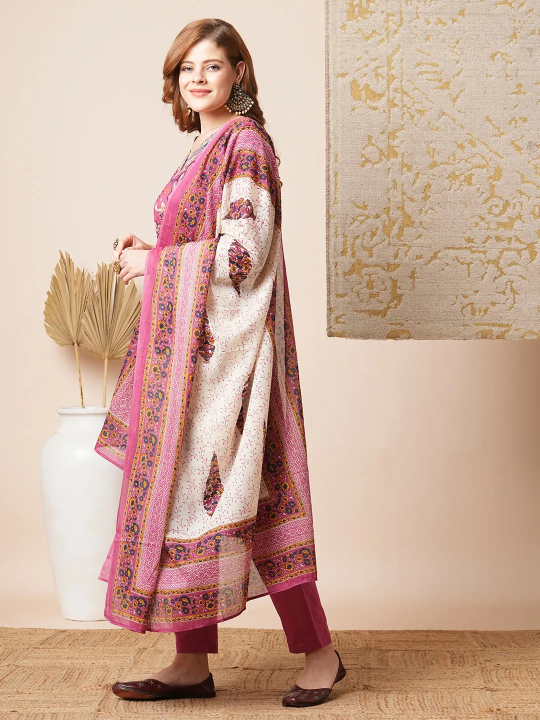 Ethnic Floral Printed & Embroidered Straight Fit Kurta with Pant & Dupatta - Pink