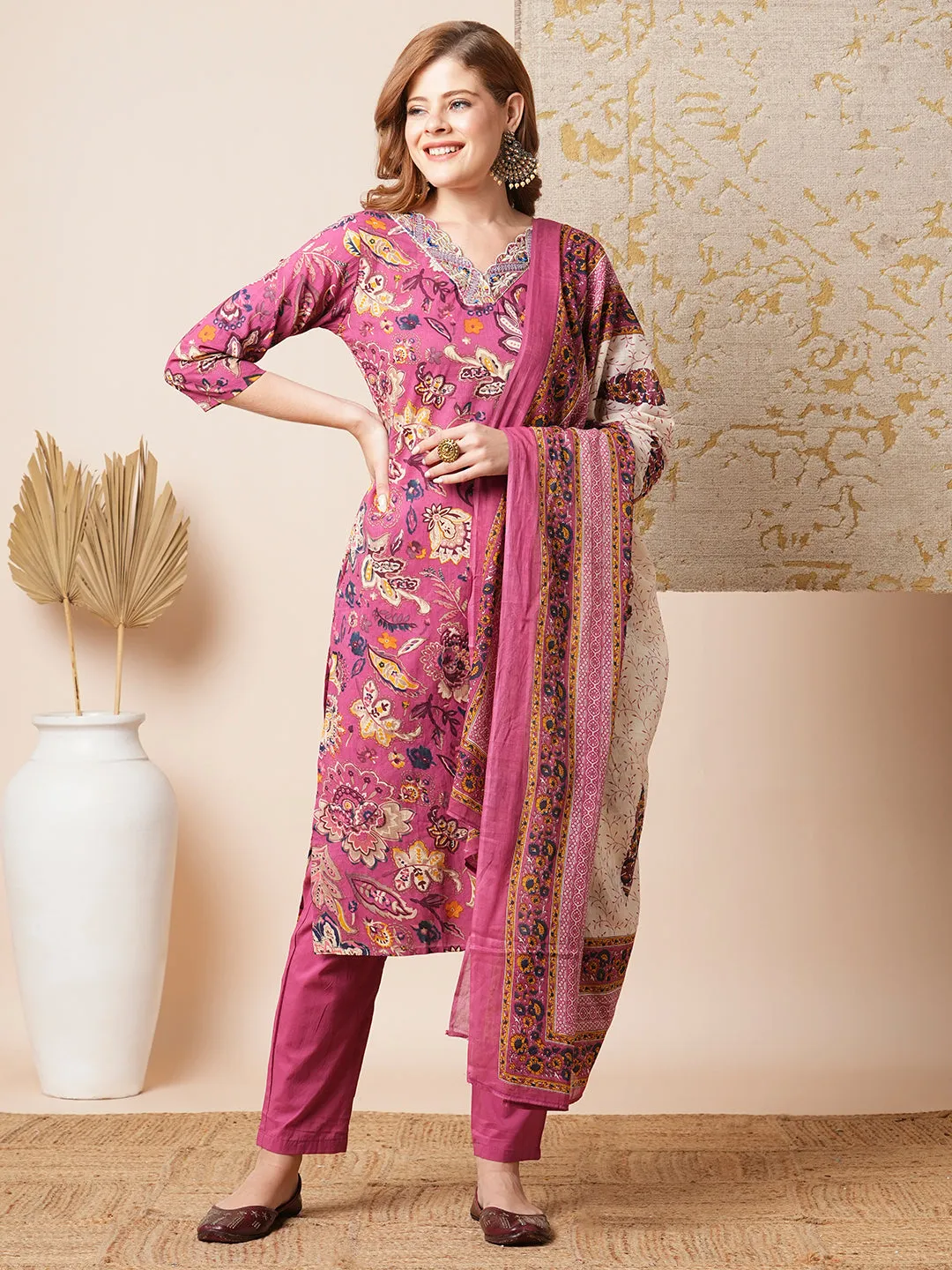 Ethnic Floral Printed & Embroidered Straight Fit Kurta with Pant & Dupatta - Pink