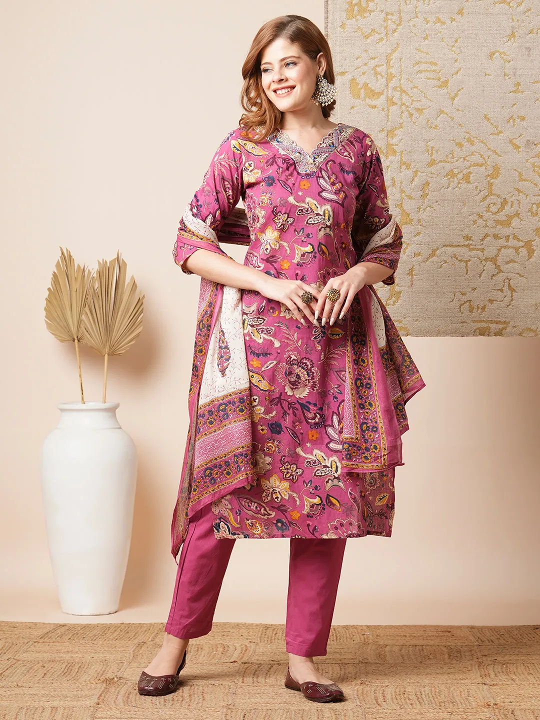 Ethnic Floral Printed & Embroidered Straight Fit Kurta with Pant & Dupatta - Pink