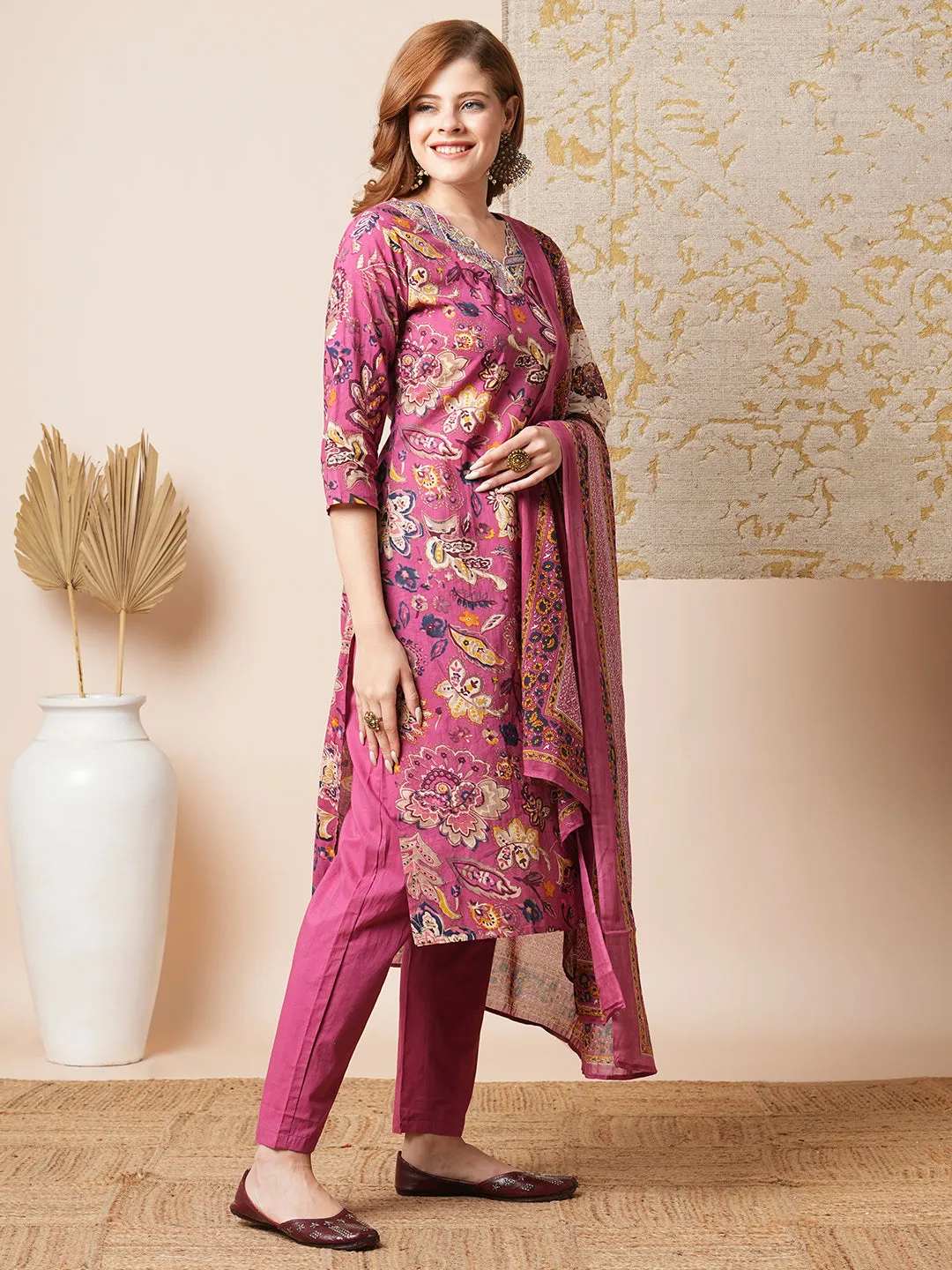 Ethnic Floral Printed & Embroidered Straight Fit Kurta with Pant & Dupatta - Pink