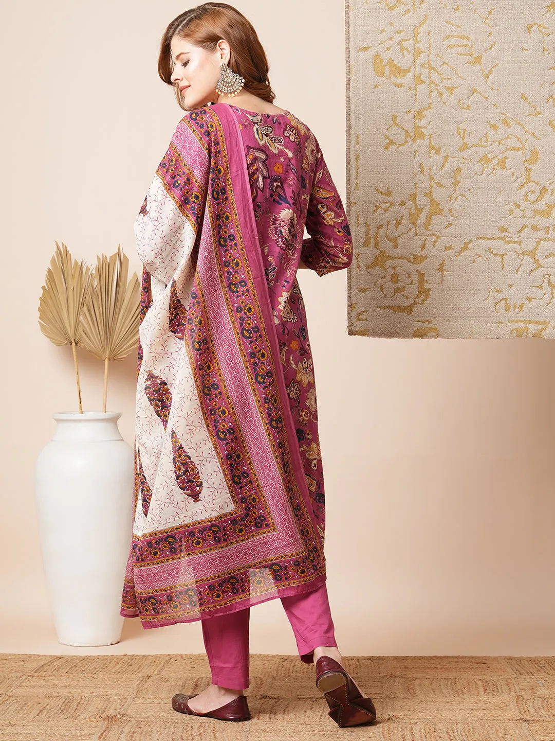 Ethnic Floral Printed & Embroidered Straight Fit Kurta with Pant & Dupatta - Pink