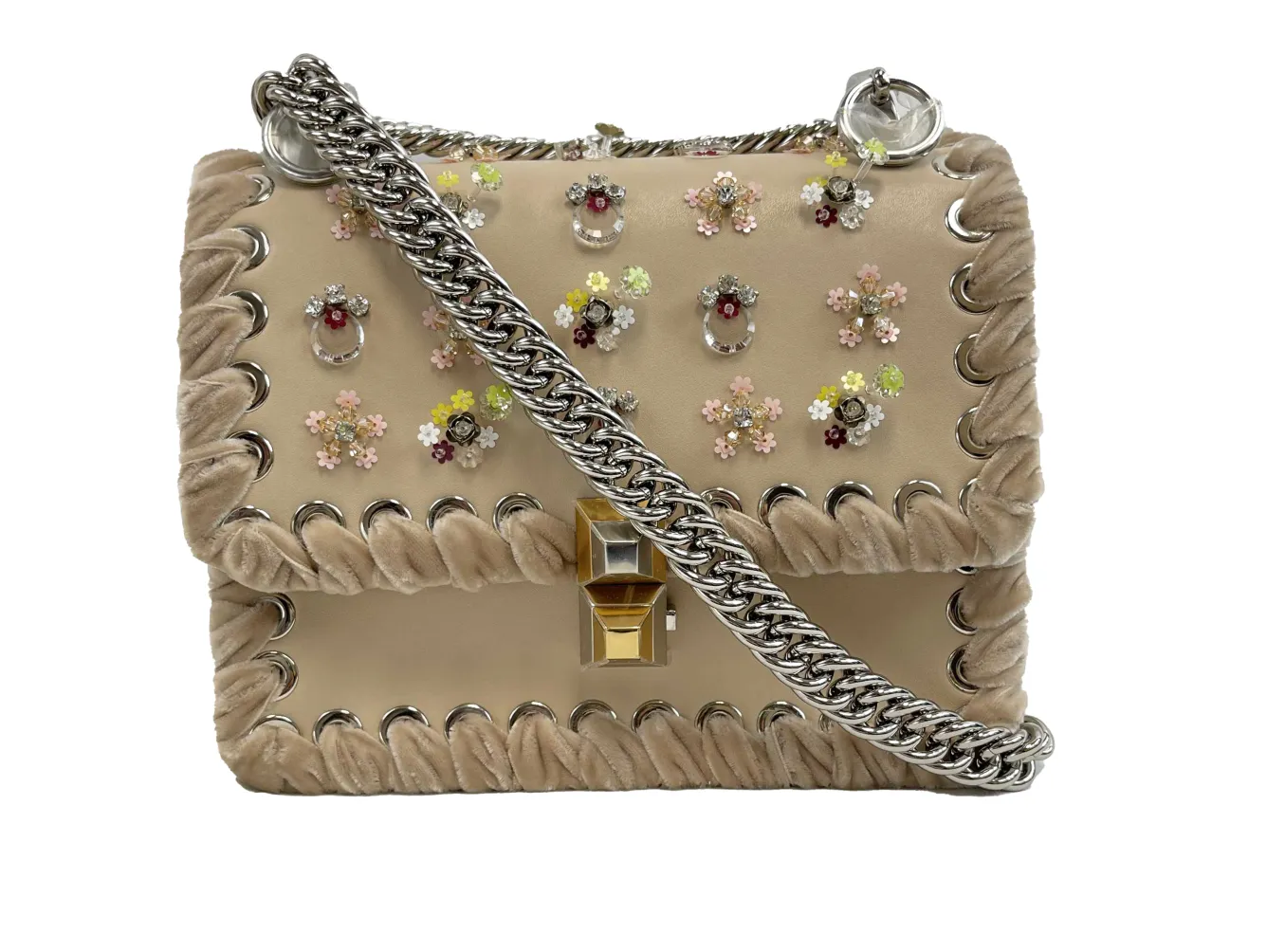 Fendi - NEW Kan I Bag Embellished Whipstitch Leather - Nude Beige Crossbody