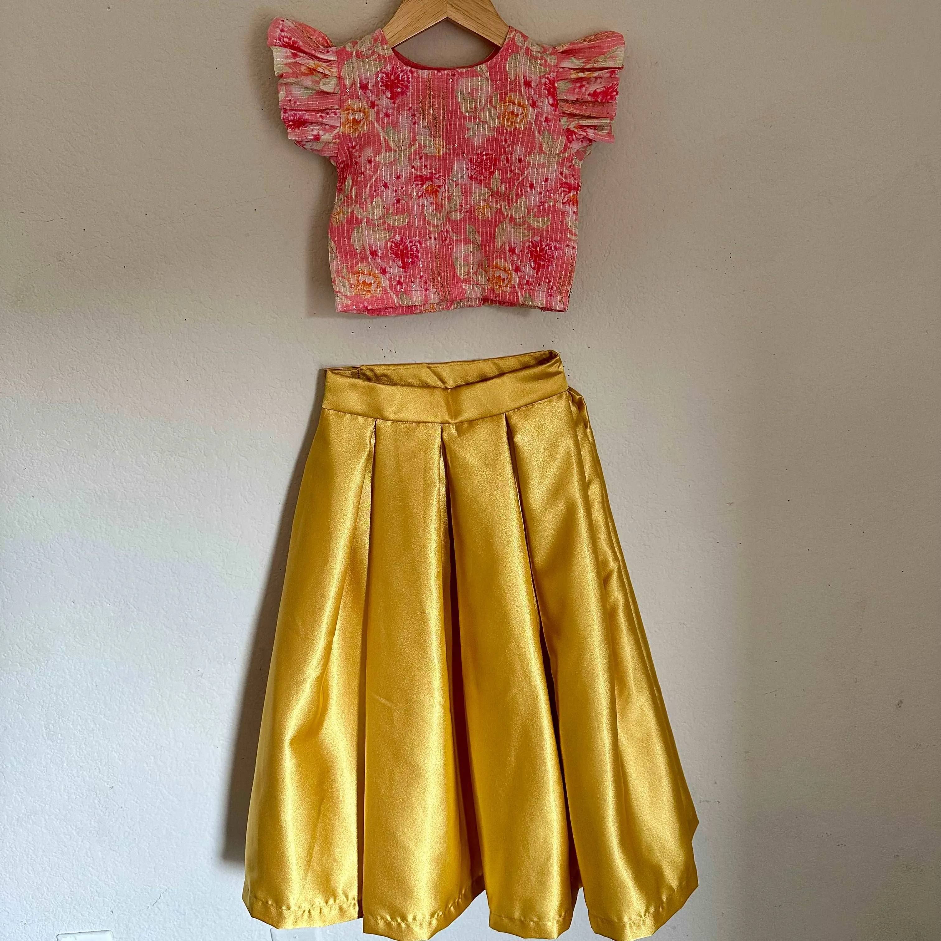 Floral Sequence Crop Top | Satin Box Pleat Skirt | 5-6 Yrs