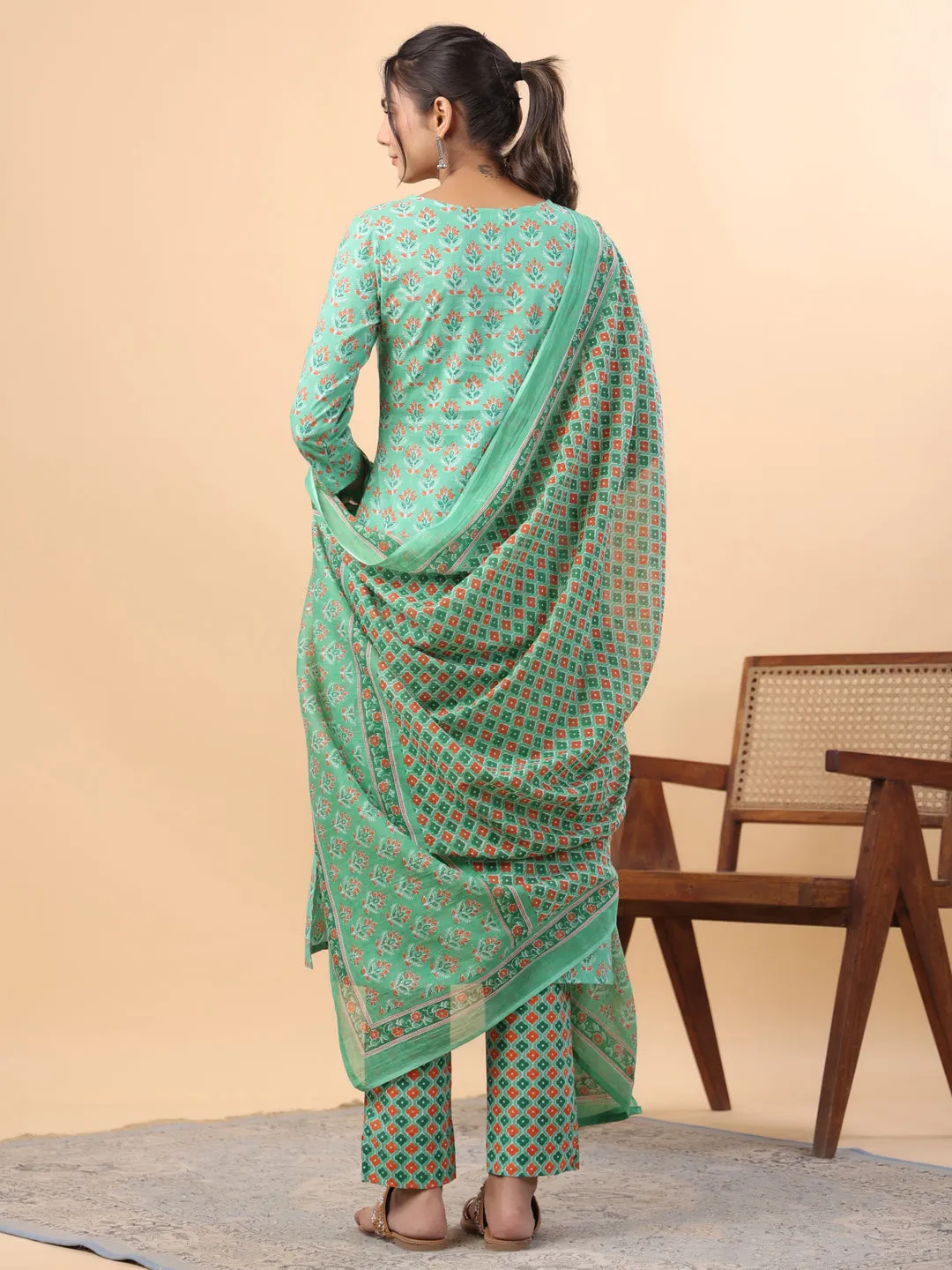 Green Cotton Ethnic Floral Motif Kurta Set