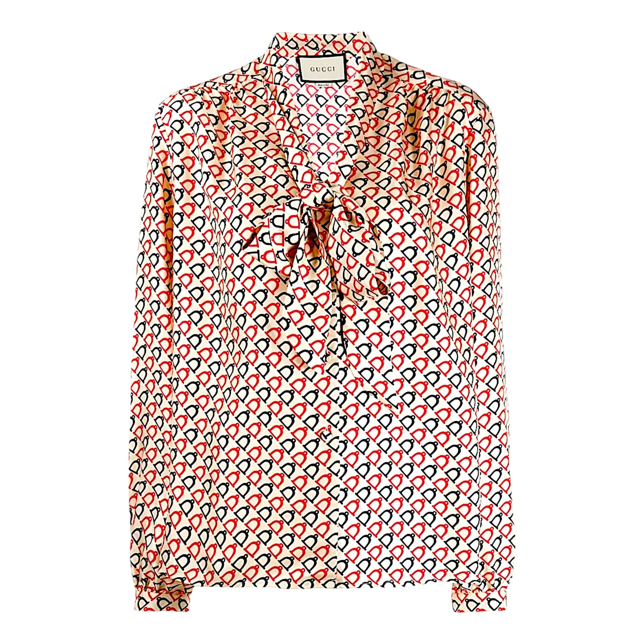 Gucci Horsebit Printed Silk Tie Neck Blouse