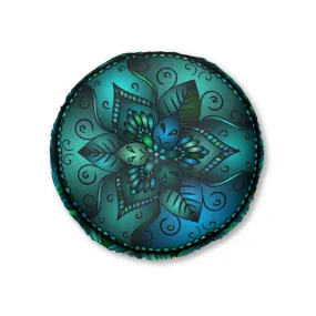 Handmade Mandala Art Tufted Floor Pillow, Round, Petroleum Green