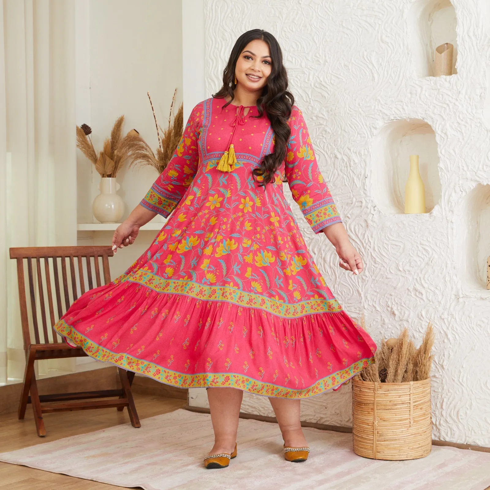 Hot Pink & Ochre Floral Dress with Hem Details - SOM