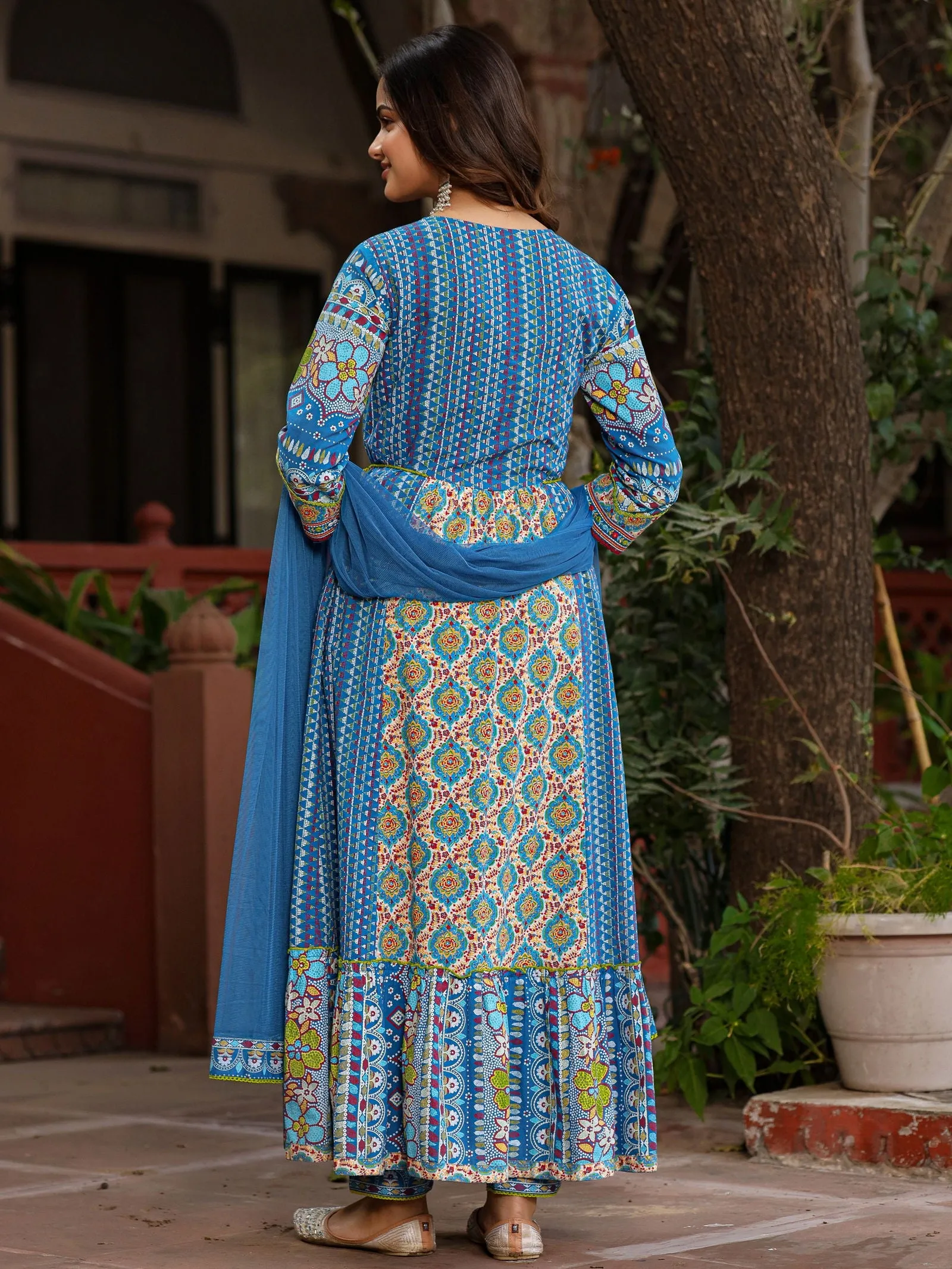 Juniper Blue Floral Printed Pure Cotton Anarkali Kurta Pants & Dupatta Set With Thread Work