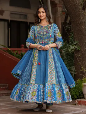 Juniper Blue Floral Printed Pure Cotton Anarkali Kurta Pants & Dupatta Set With Thread Work