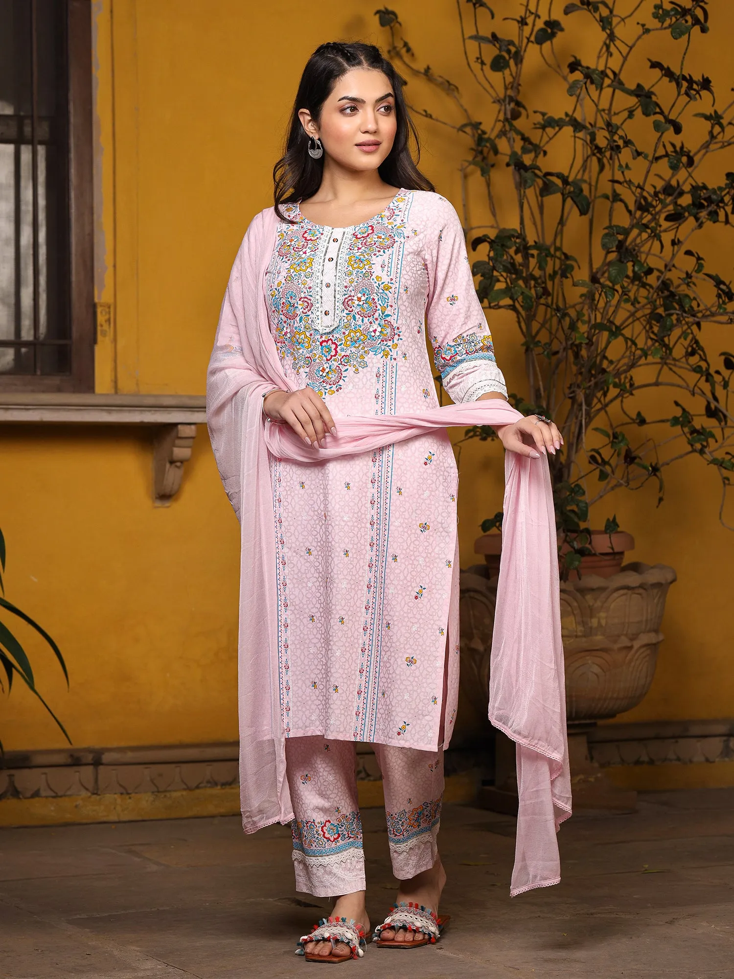 Juniper Pink Floral printed Pure Cotton Kurta Pants & Dupatta With Lace Work