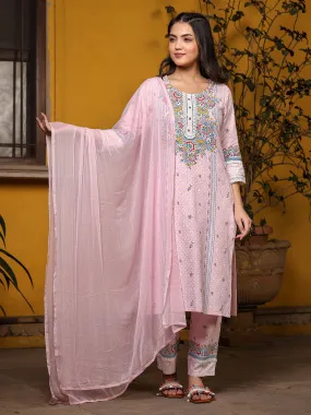 Juniper Pink Floral printed Pure Cotton Kurta Pants & Dupatta With Lace Work