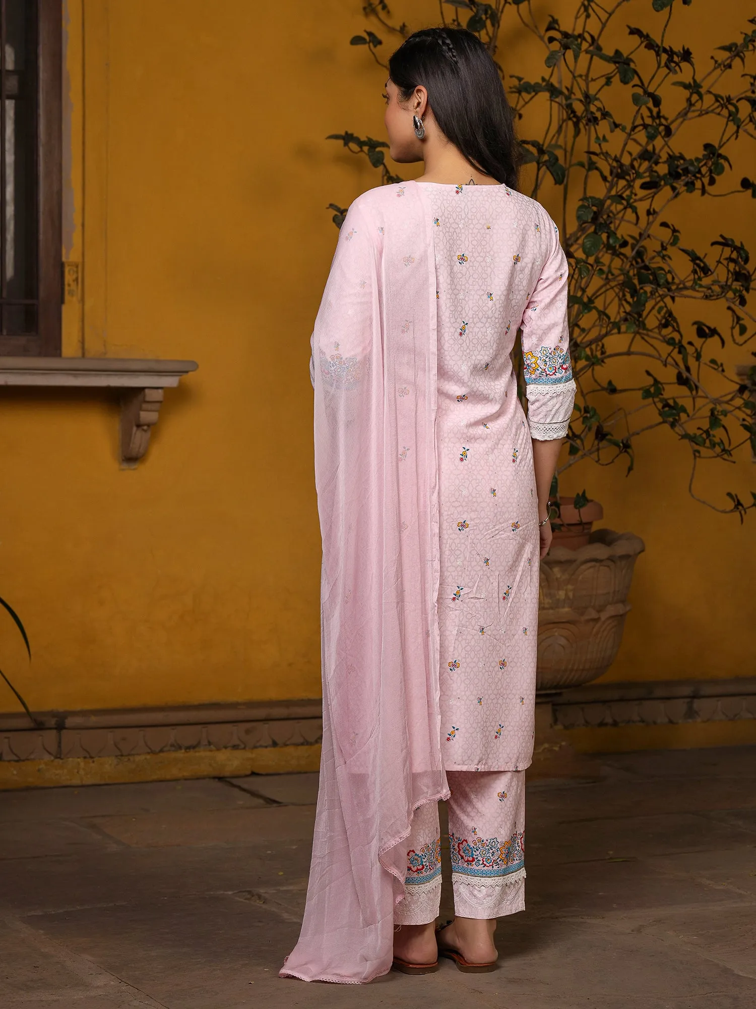 Juniper Pink Floral printed Pure Cotton Kurta Pants & Dupatta With Lace Work