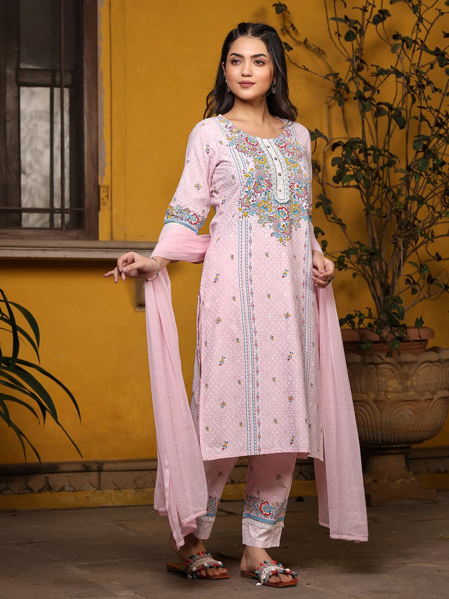 Juniper Pink Floral printed Pure Cotton Kurta Pants & Dupatta With Lace Work