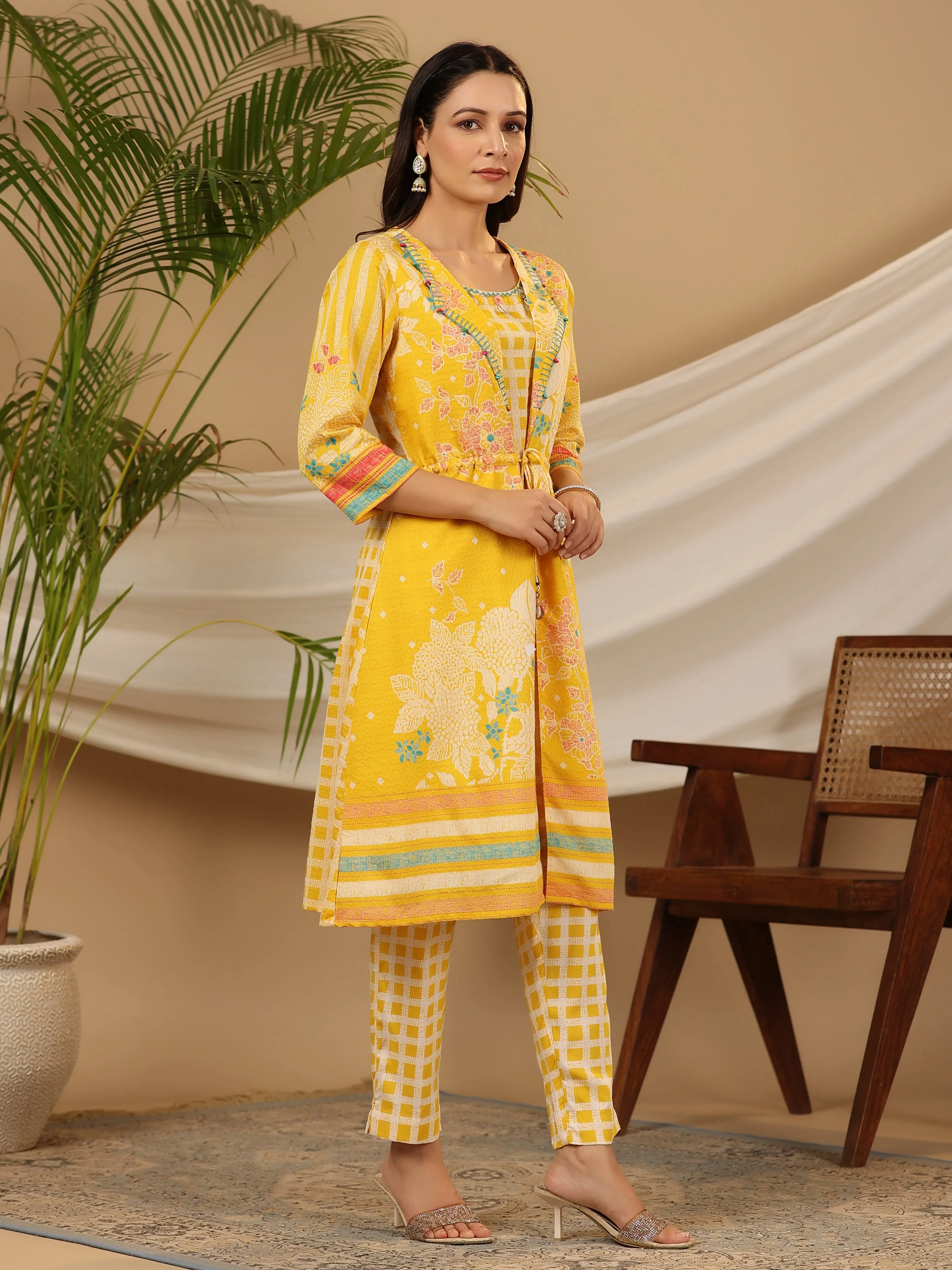 Juniper Yellow Floral Printed Nylon Dobby Kurta With Pants Set With Kaudis & Bead Work