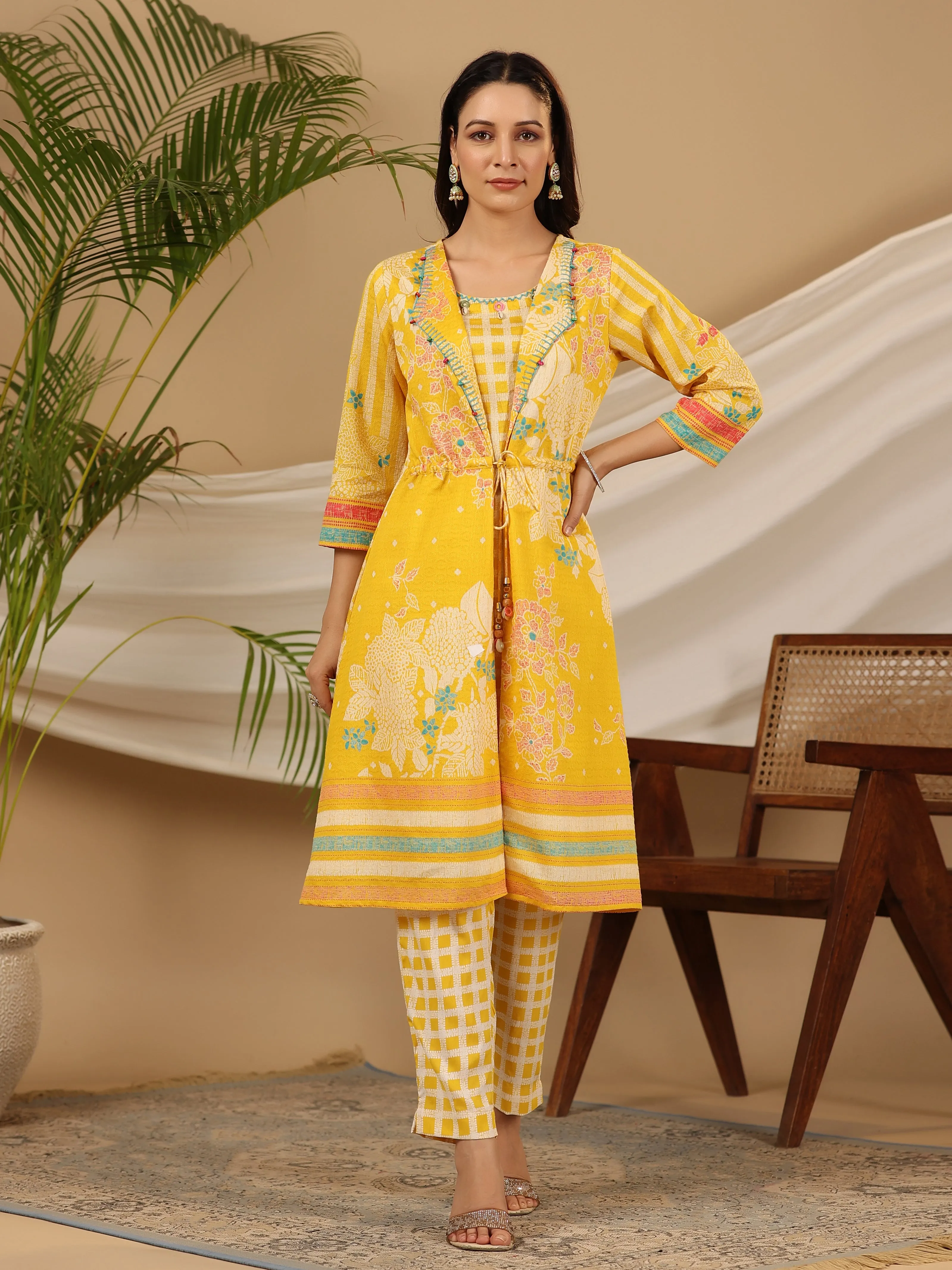 Juniper Yellow Floral Printed Nylon Dobby Kurta With Pants Set With Kaudis & Bead Work