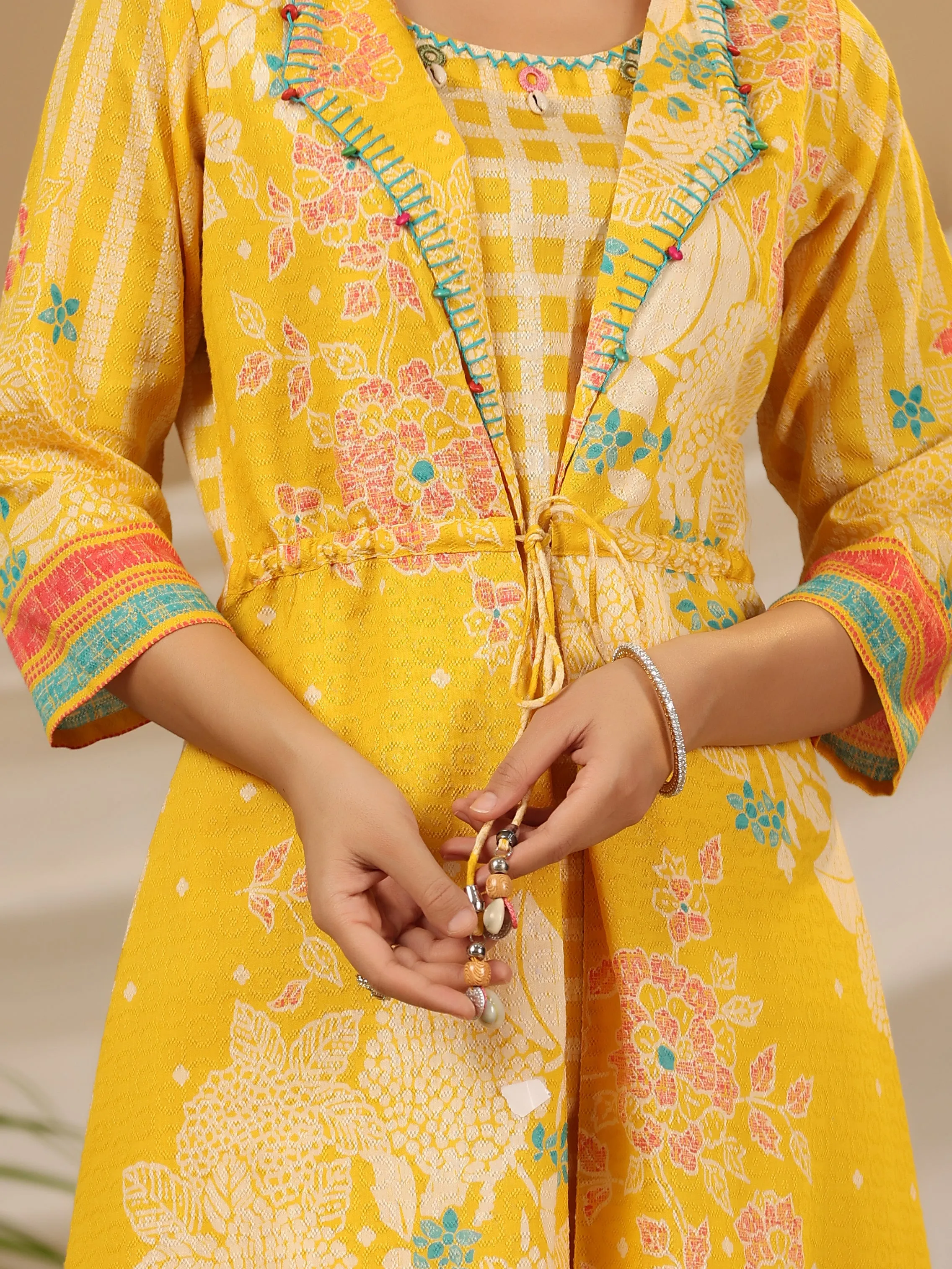 Juniper Yellow Floral Printed Nylon Dobby Kurta With Pants Set With Kaudis & Bead Work