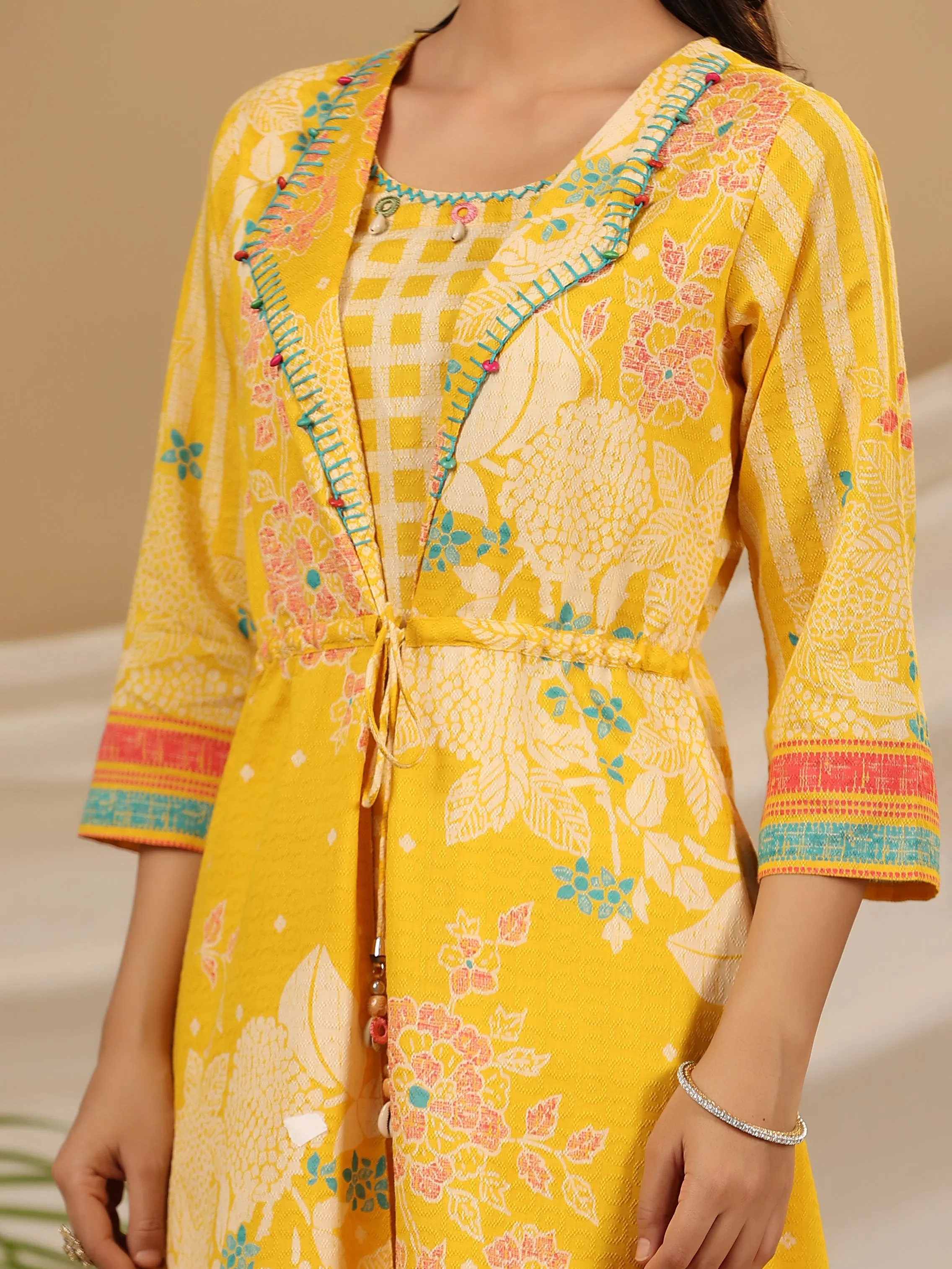 Juniper Yellow Floral Printed Nylon Dobby Kurta With Pants Set With Kaudis & Bead Work