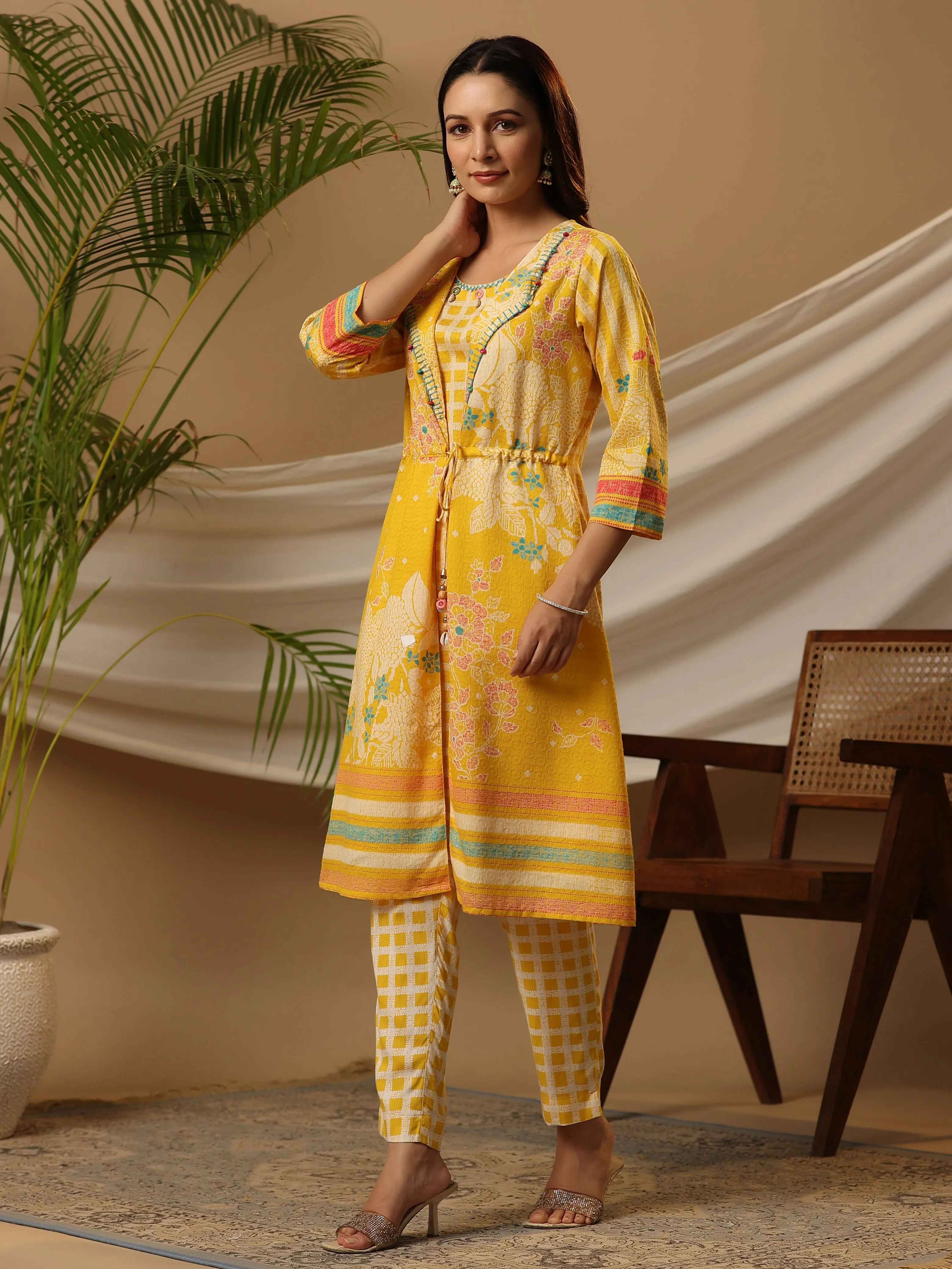 Juniper Yellow Floral Printed Nylon Dobby Kurta With Pants Set With Kaudis & Bead Work