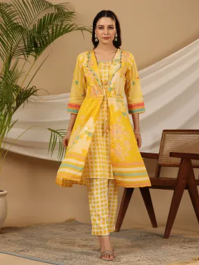 Juniper Yellow Floral Printed Nylon Dobby Kurta With Pants Set With Kaudis & Bead Work