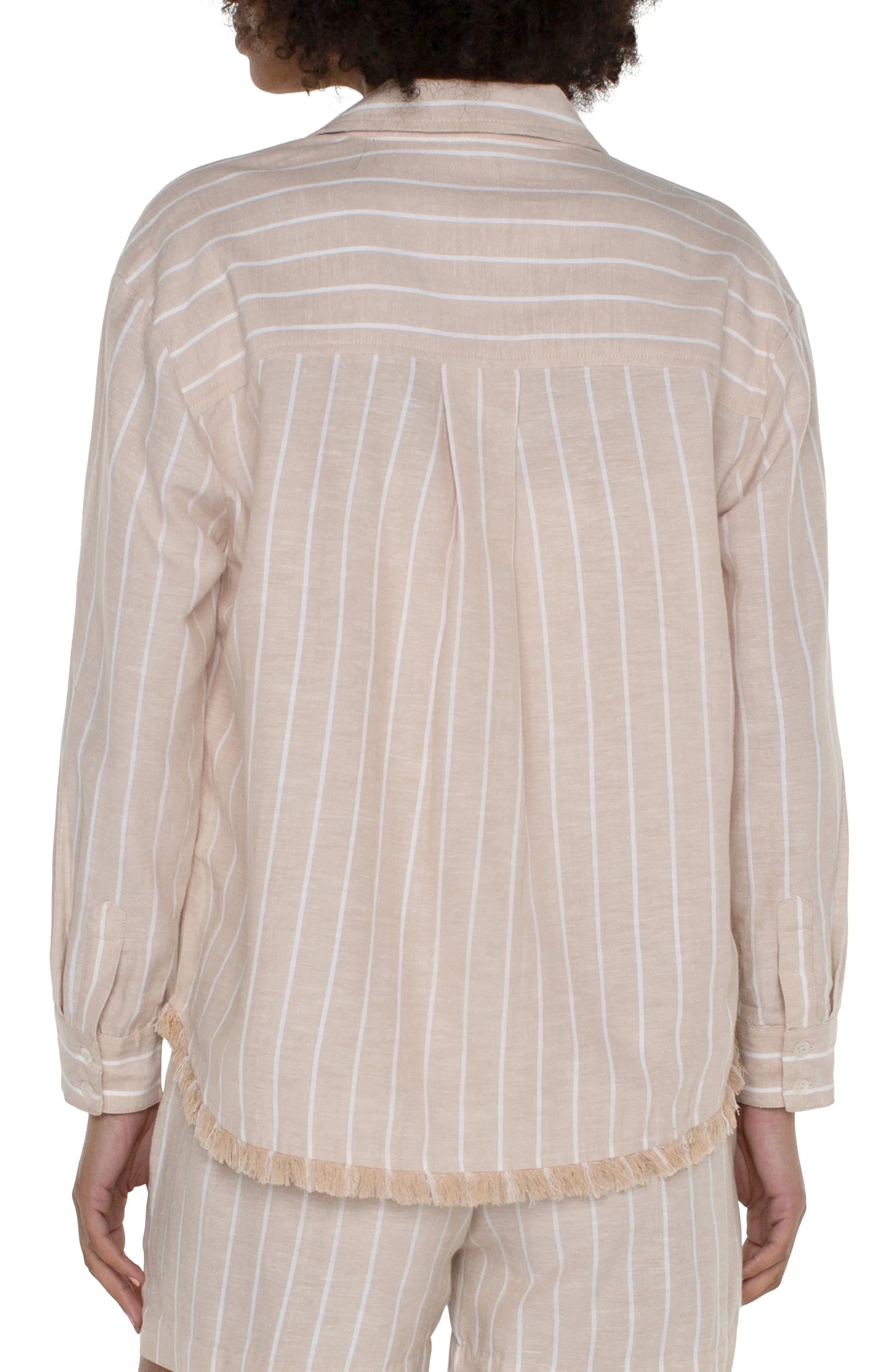 Liverpool Cropped Button Front Shirt with Fray (Tan with Stripe)