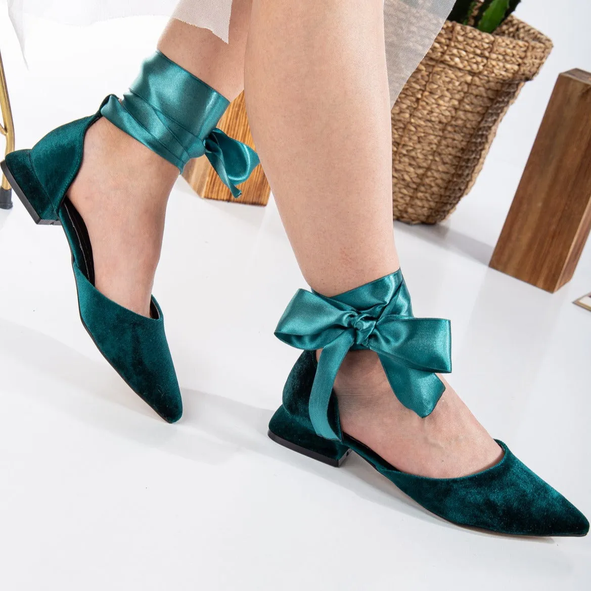 Madeline - Emerald Green Velvet Flats with Ribbon