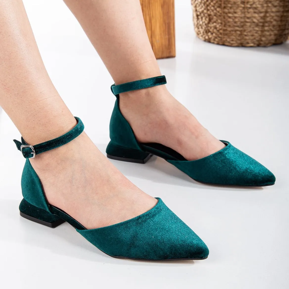 Madeline - Emerald Green Velvet Flats with Ribbon