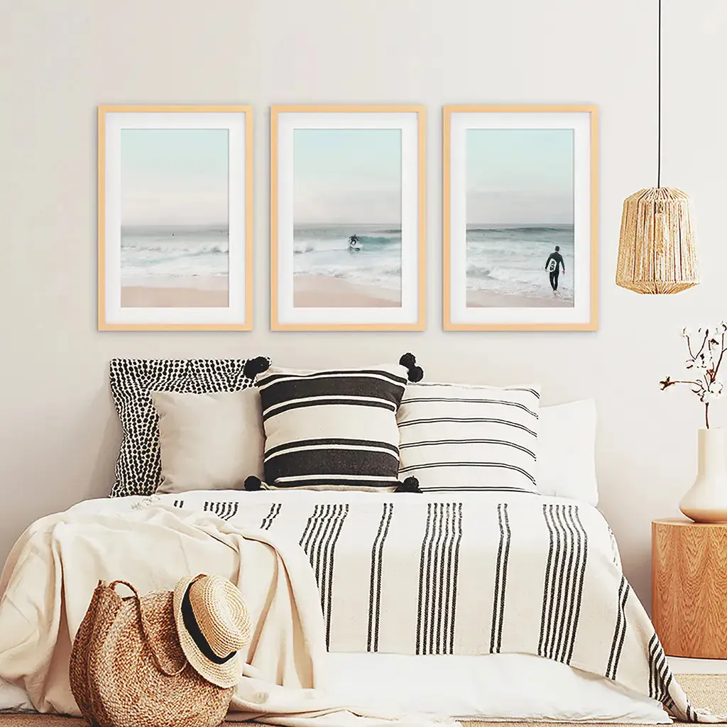 Ocean Beach Surf Prints. Turquoise and Pink Tones Wall Art