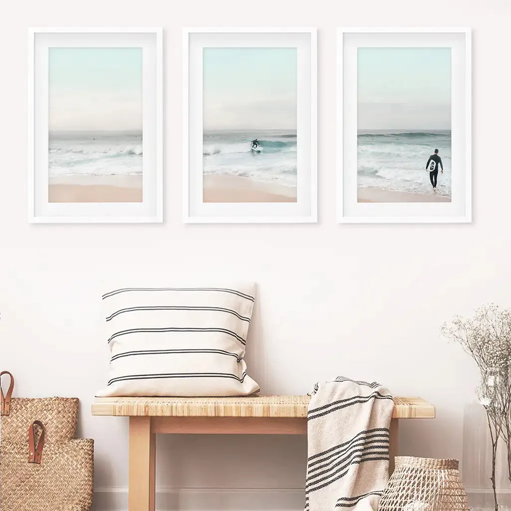 Ocean Beach Surf Prints. Turquoise and Pink Tones Wall Art