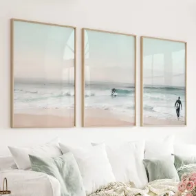 Ocean Beach Surf Prints. Turquoise and Pink Tones Wall Art