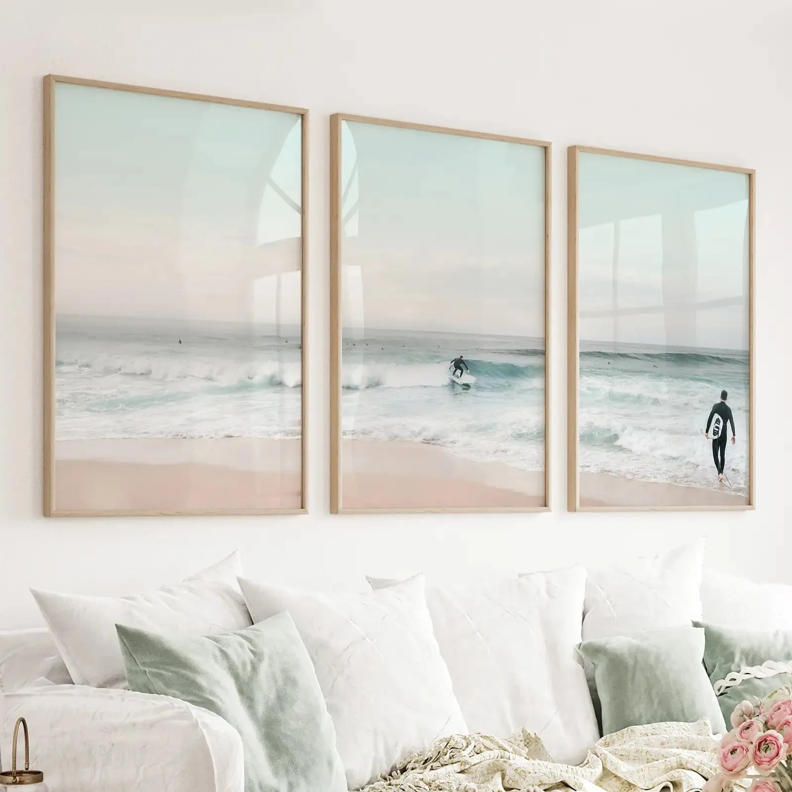 Ocean Beach Surf Prints. Turquoise and Pink Tones Wall Art