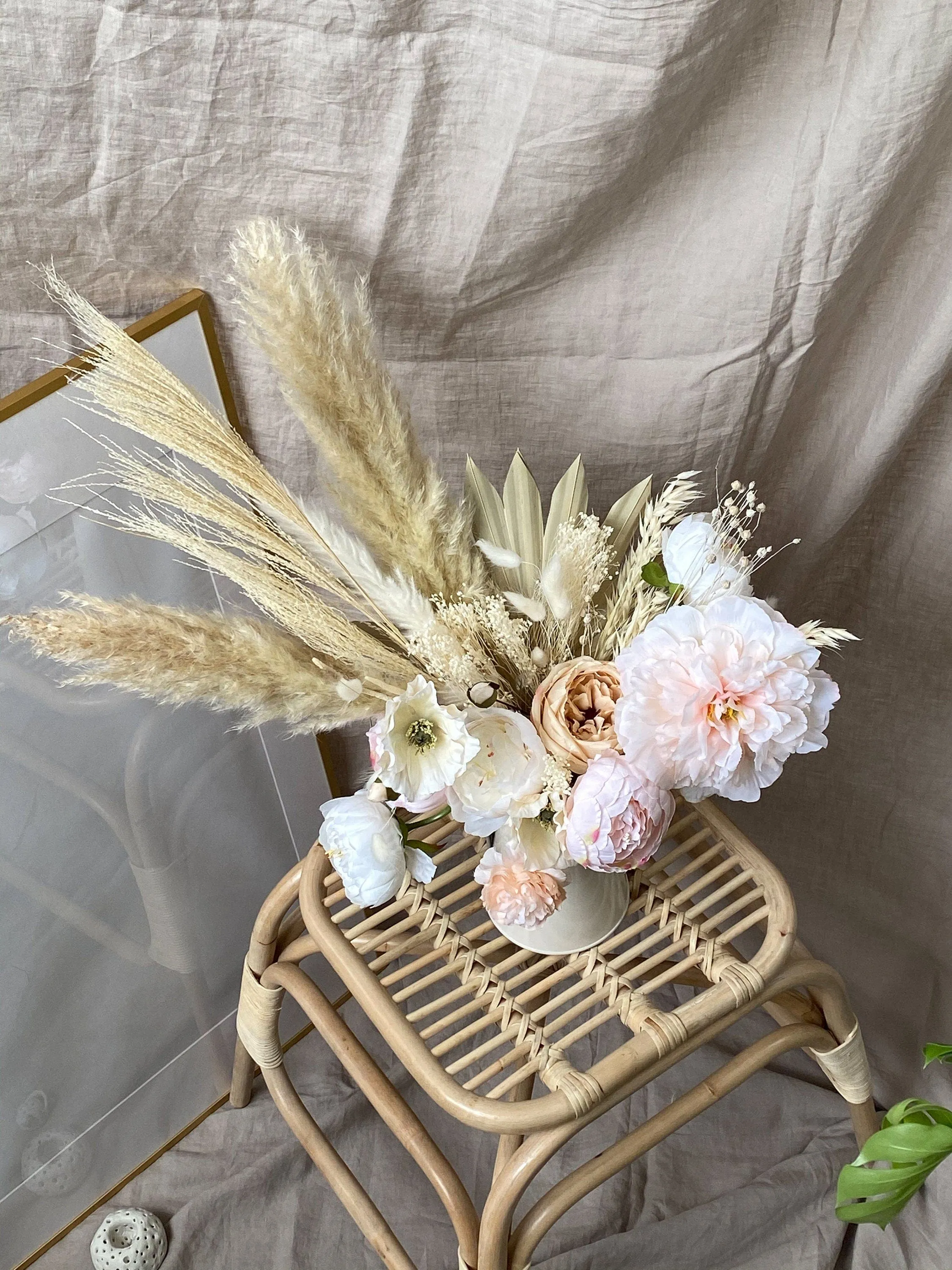 Pampas Grass Dried Palm Fan Vase Arrangement / Anemone Flowers Blush Peonies