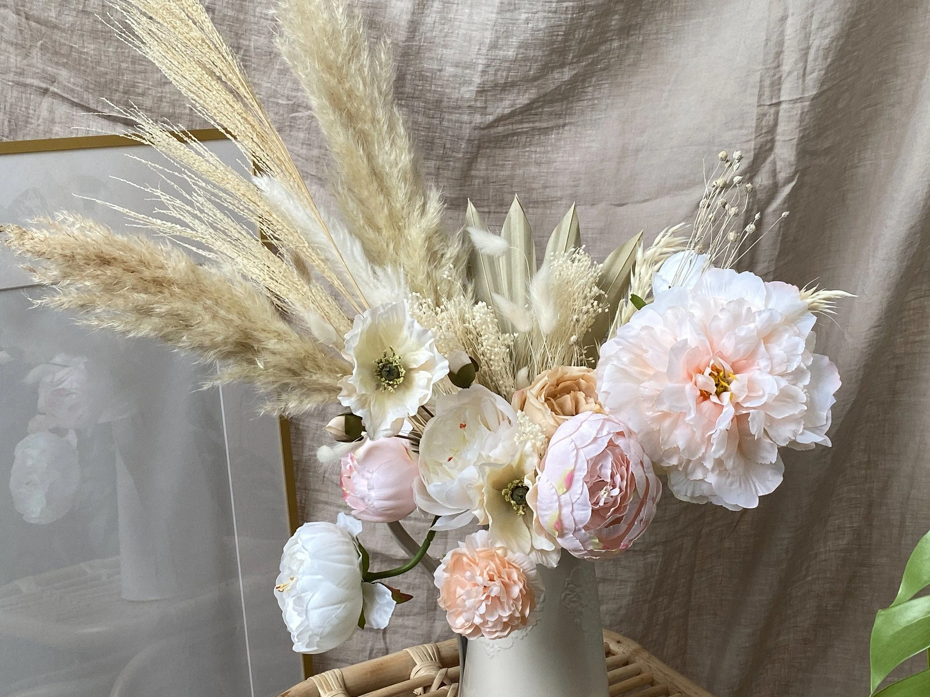 Pampas Grass Dried Palm Fan Vase Arrangement / Anemone Flowers Blush Peonies