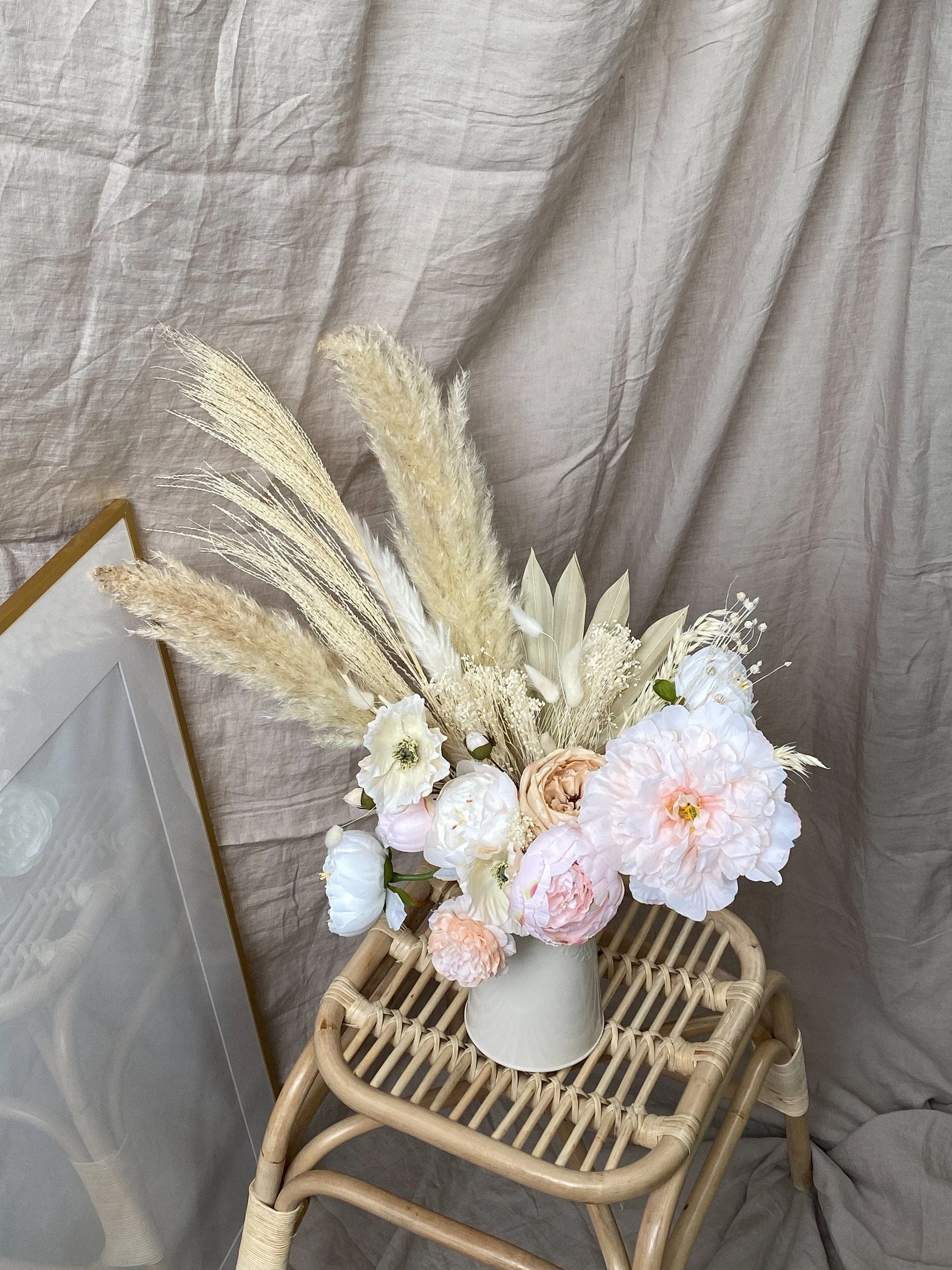 Pampas Grass Dried Palm Fan Vase Arrangement / Anemone Flowers Blush Peonies