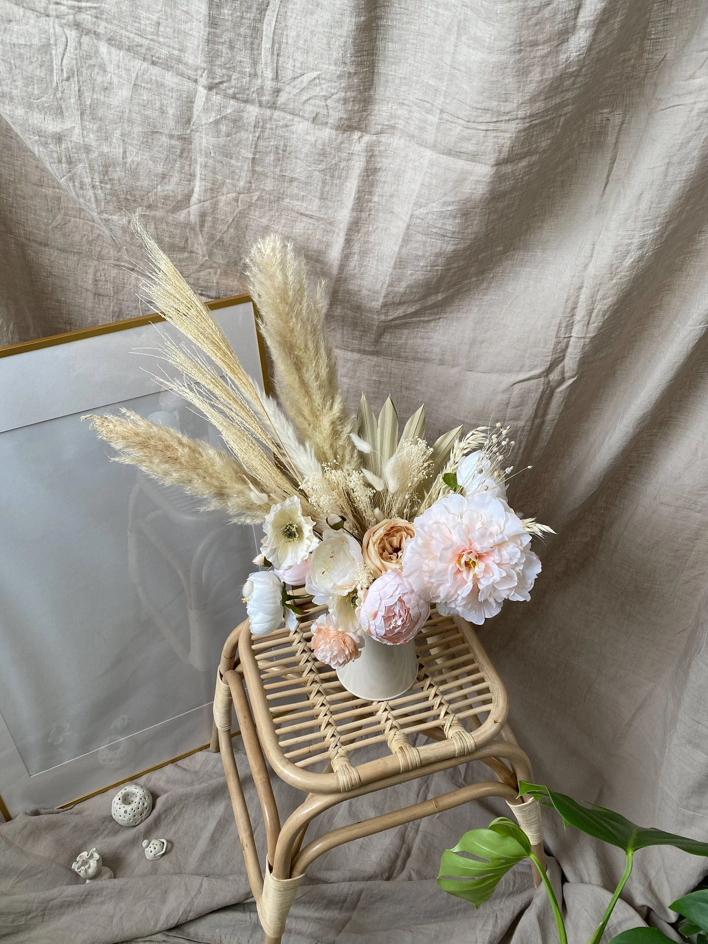 Pampas Grass Dried Palm Fan Vase Arrangement / Anemone Flowers Blush Peonies