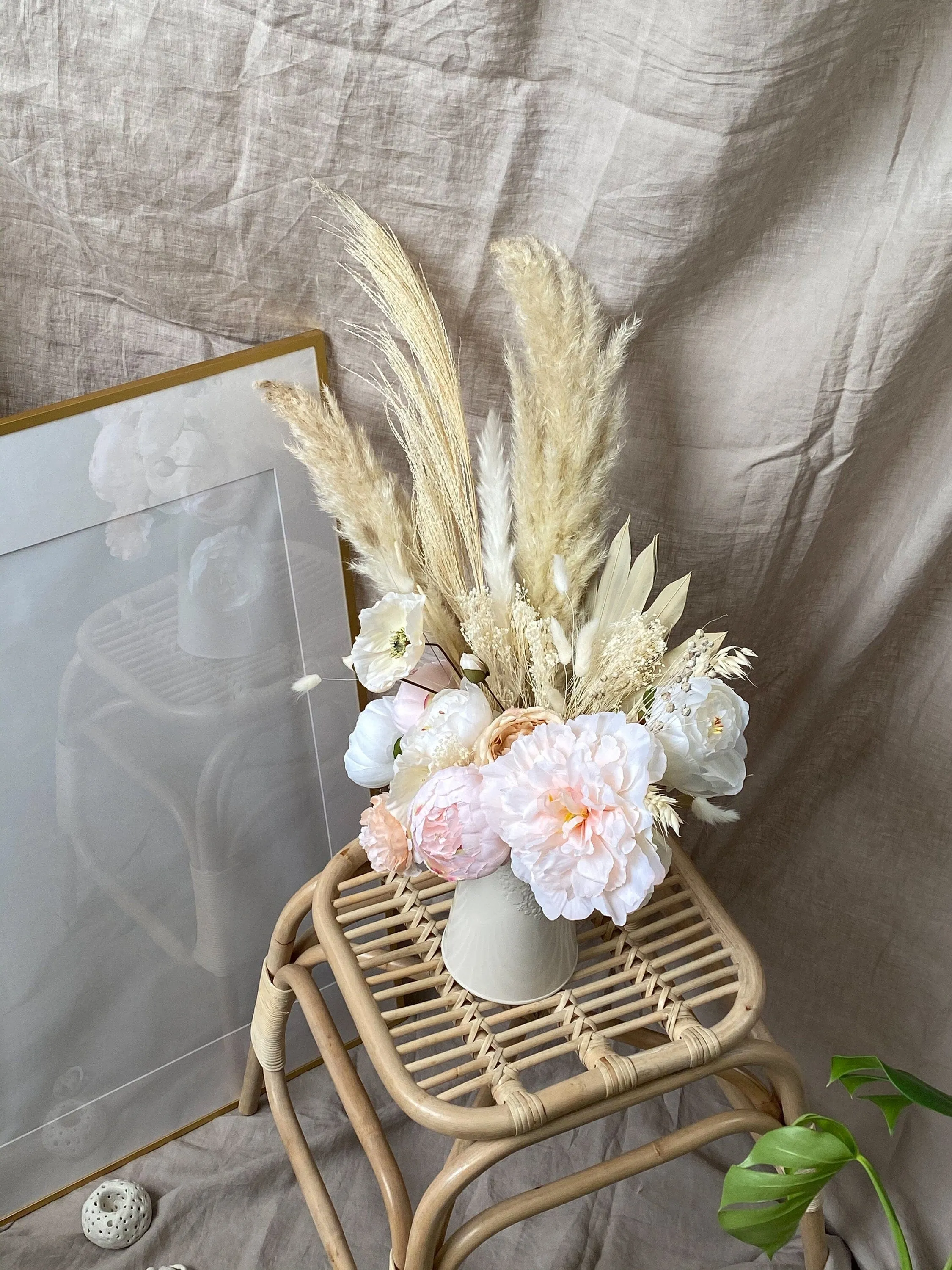 Pampas Grass Dried Palm Fan Vase Arrangement / Anemone Flowers Blush Peonies