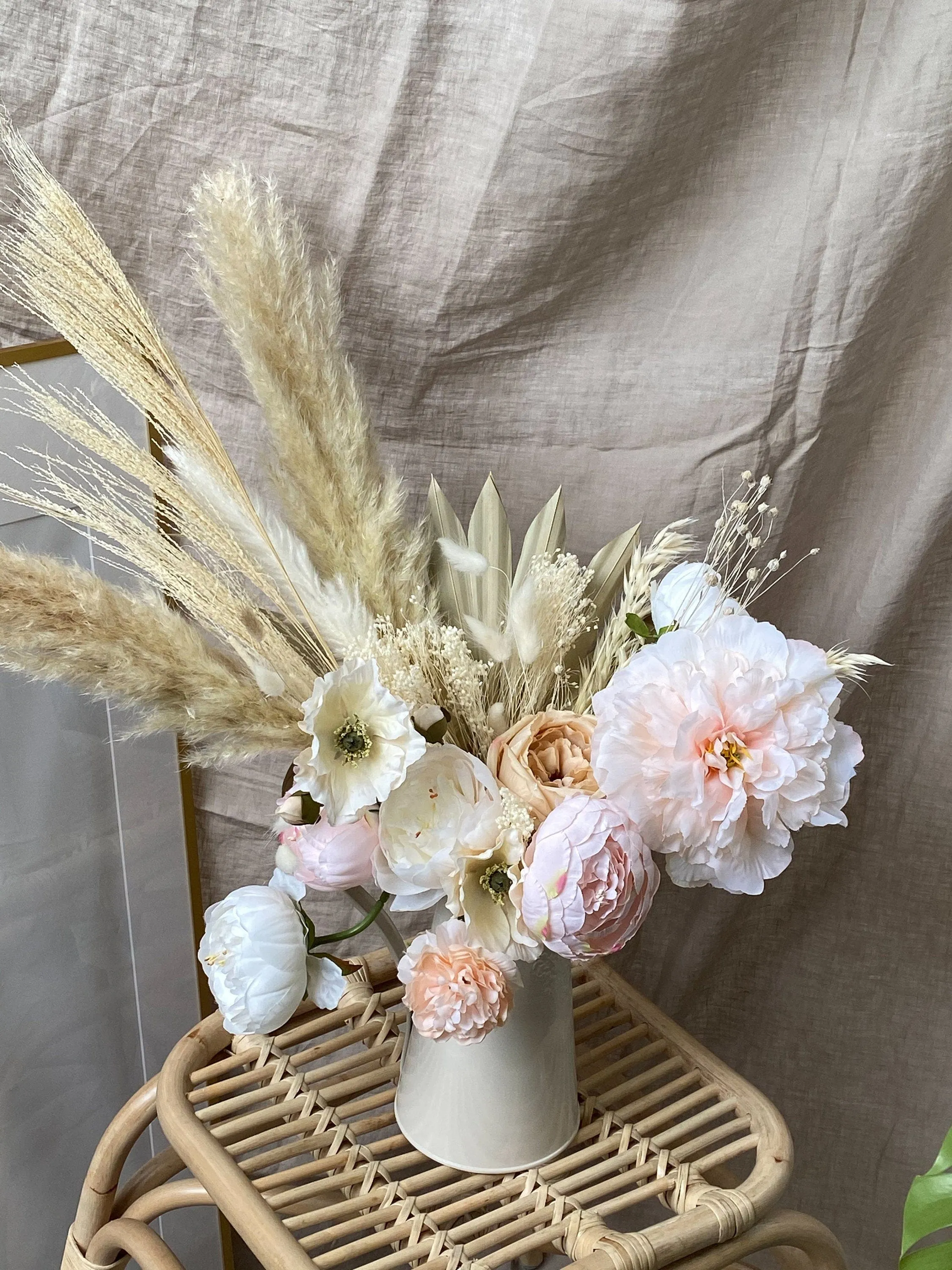 Pampas Grass Dried Palm Fan Vase Arrangement / Anemone Flowers Blush Peonies