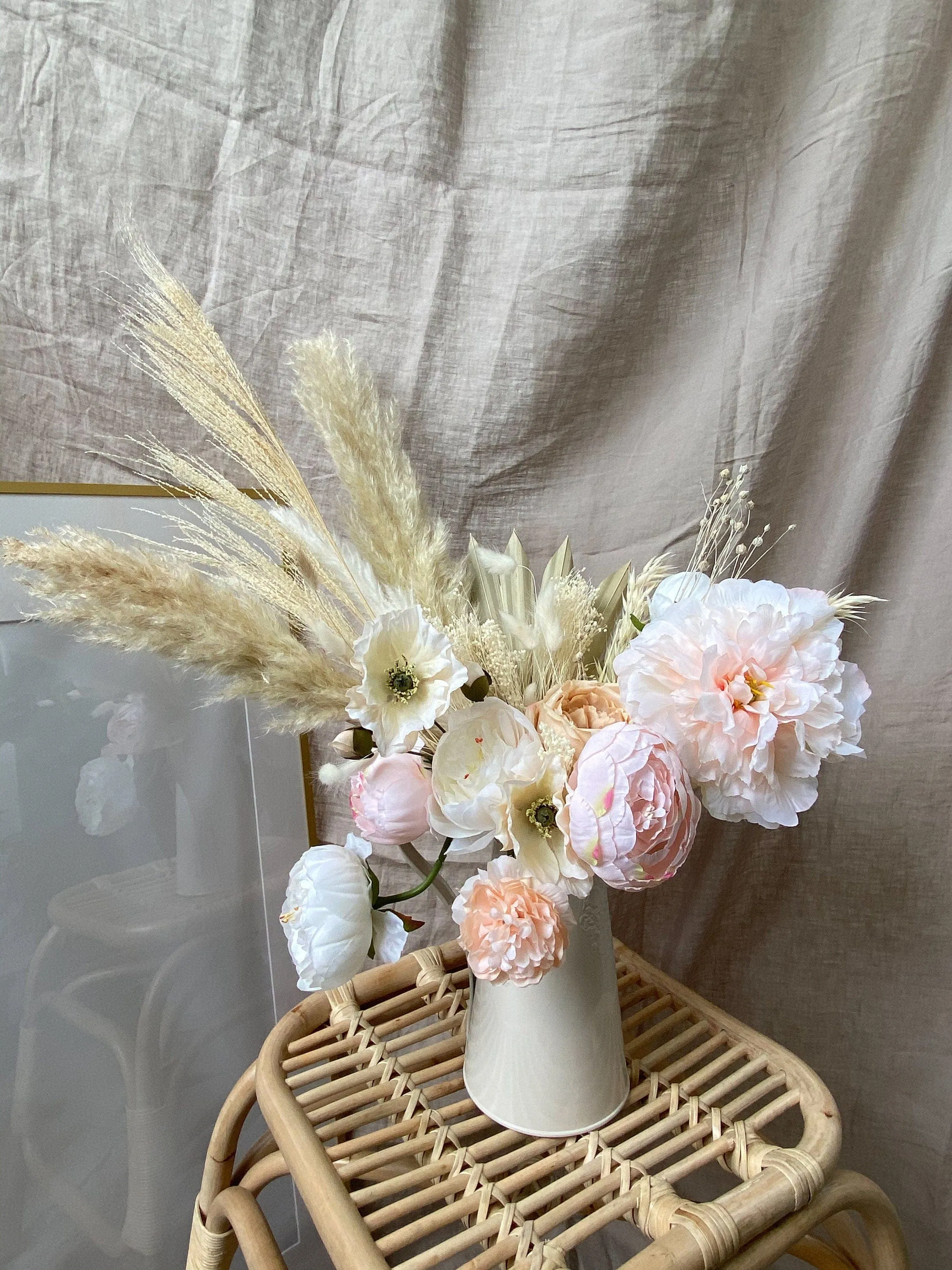 Pampas Grass Dried Palm Fan Vase Arrangement / Anemone Flowers Blush Peonies