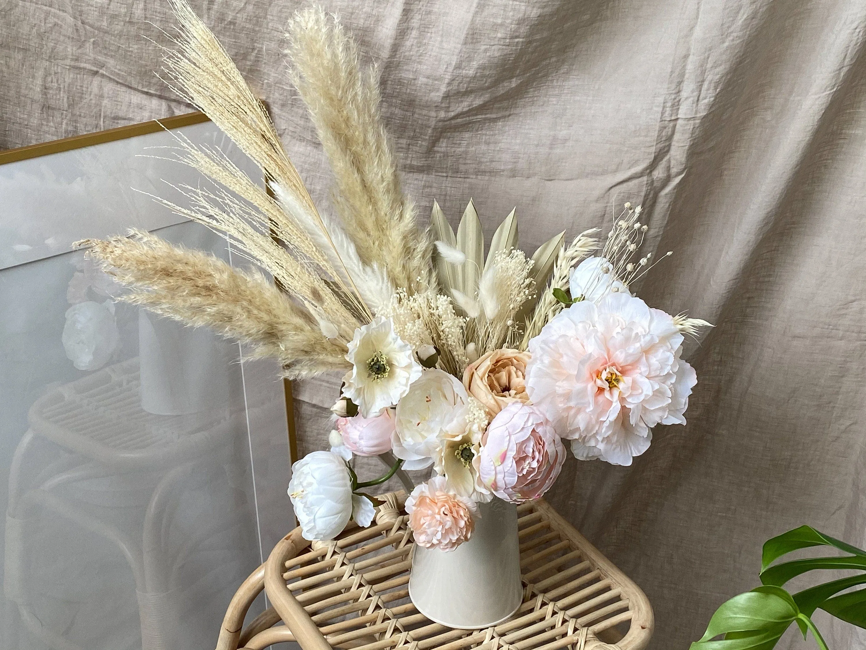 Pampas Grass Dried Palm Fan Vase Arrangement / Anemone Flowers Blush Peonies