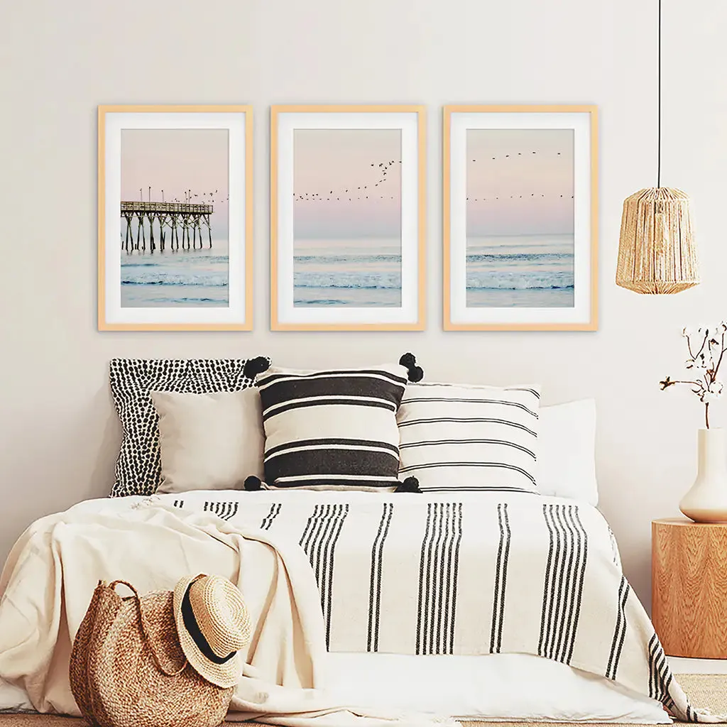 Pink Ocean Sunset Triptych. Wooden Pier, Waves, Seagulls