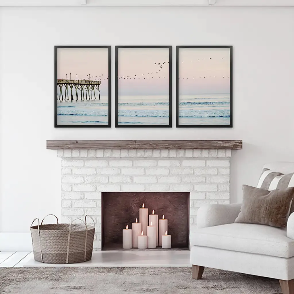 Pink Ocean Sunset Triptych. Wooden Pier, Waves, Seagulls