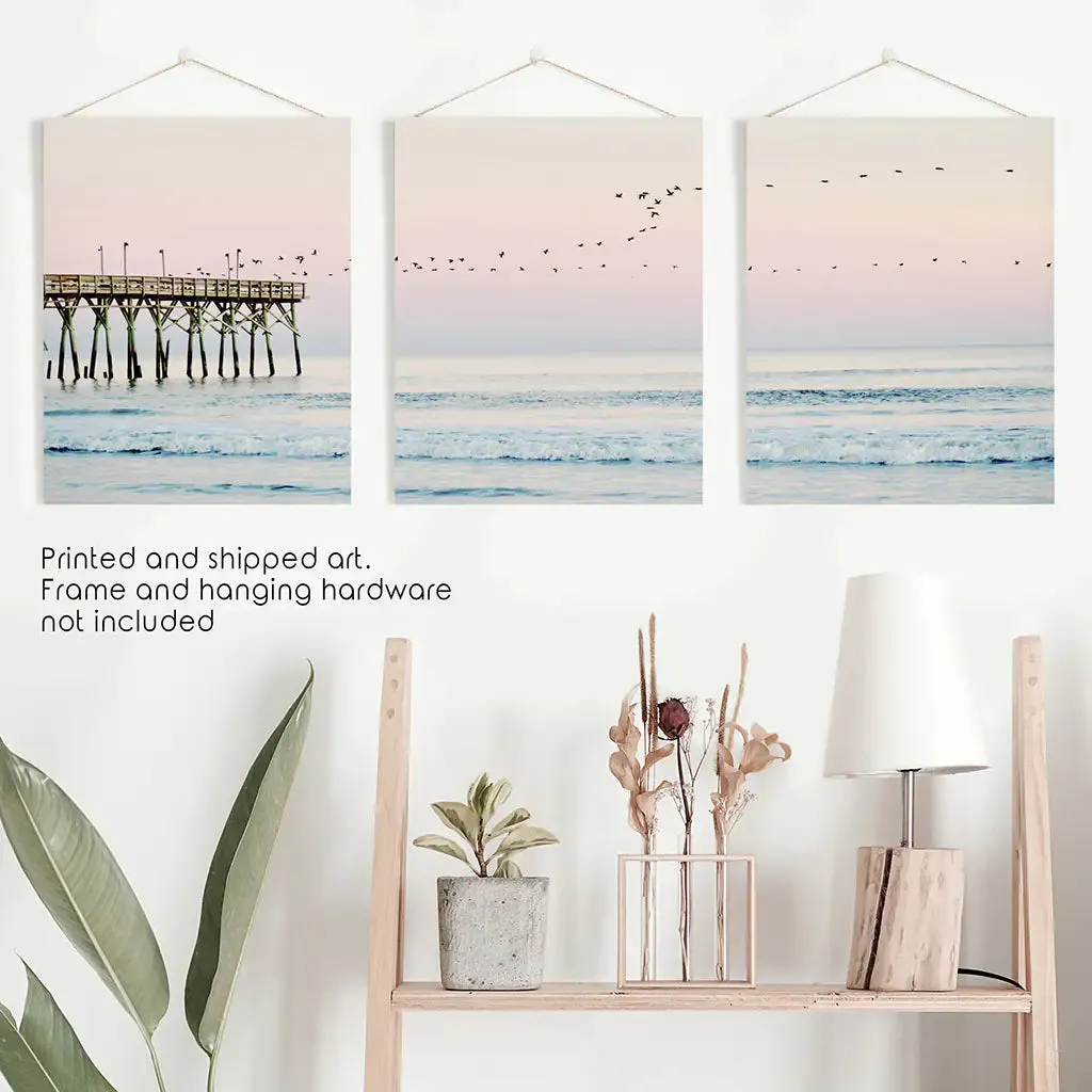 Pink Ocean Sunset Triptych. Wooden Pier, Waves, Seagulls