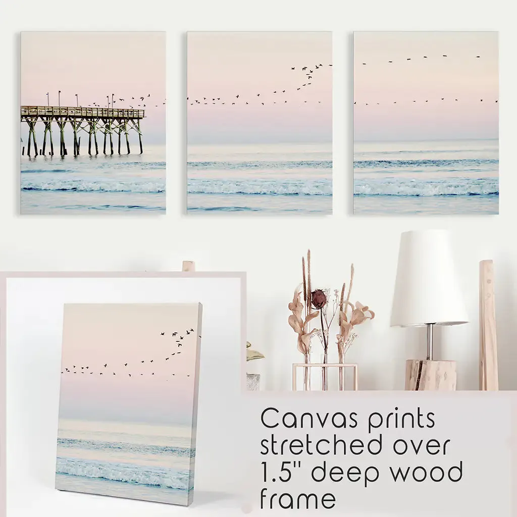 Pink Ocean Sunset Triptych. Wooden Pier, Waves, Seagulls