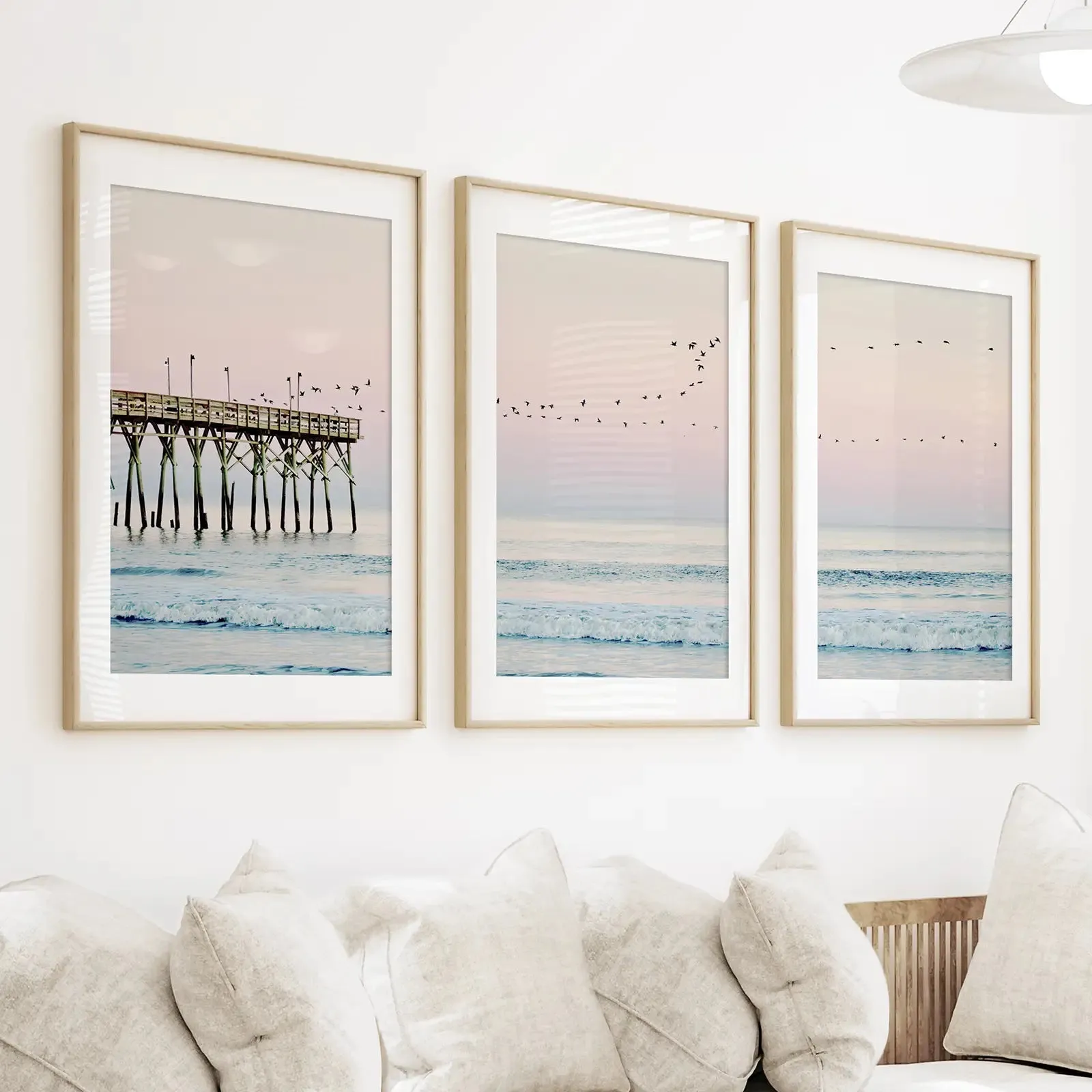 Pink Ocean Sunset Triptych. Wooden Pier, Waves, Seagulls