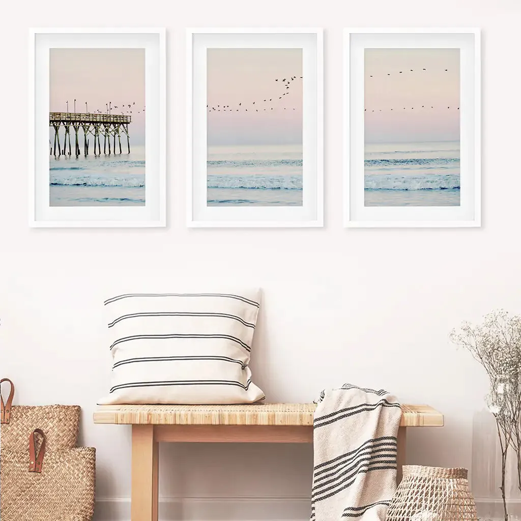 Pink Ocean Sunset Triptych. Wooden Pier, Waves, Seagulls