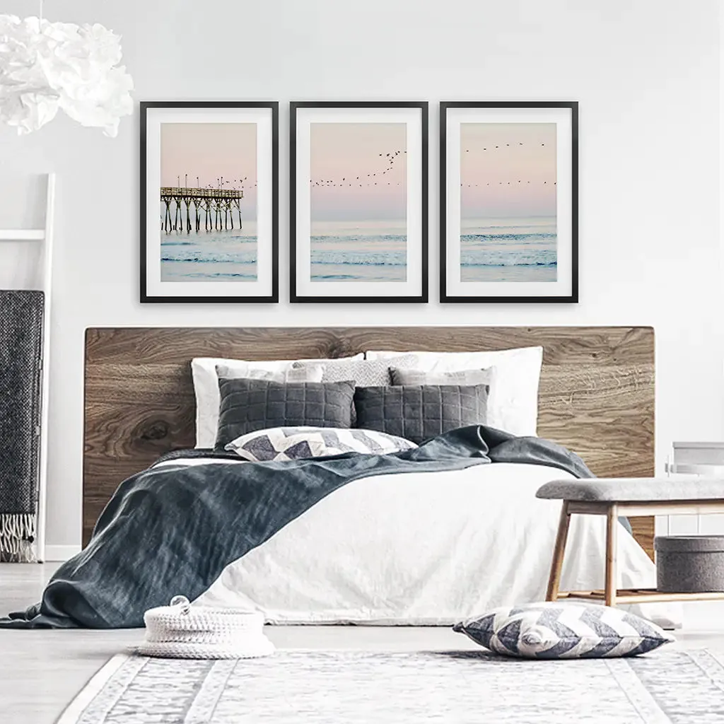 Pink Ocean Sunset Triptych. Wooden Pier, Waves, Seagulls