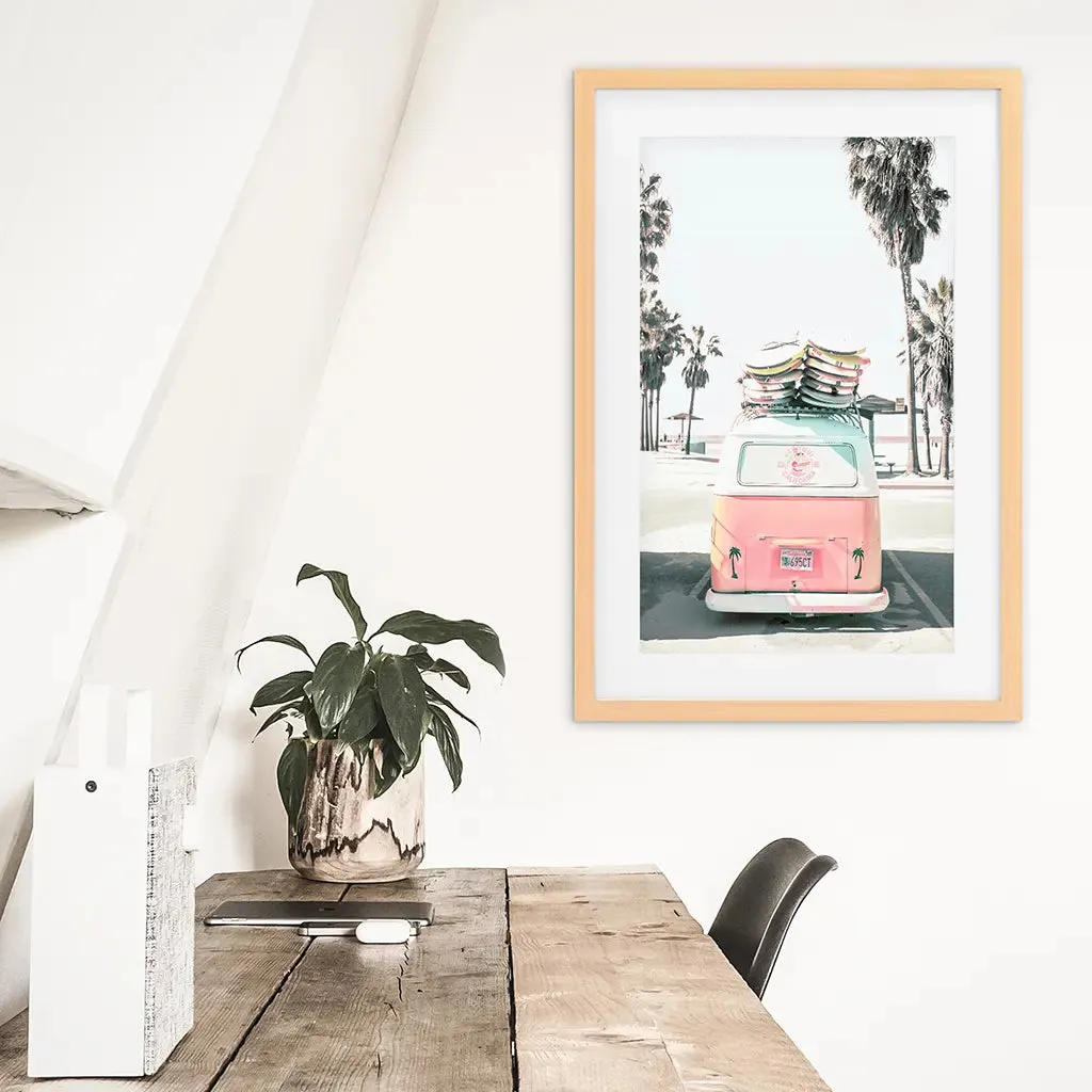 Pink Vintage Van Print. Tropical Summer Surfing Wall Art