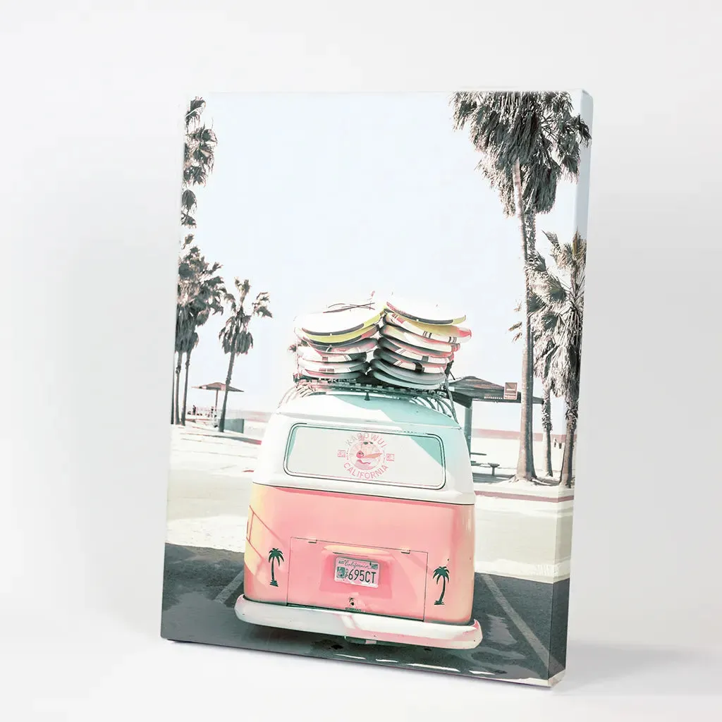 Pink Vintage Van Print. Tropical Summer Surfing Wall Art