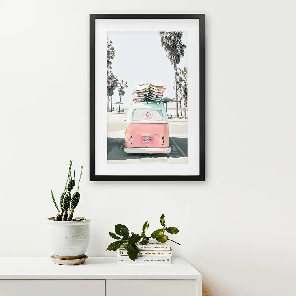 Pink Vintage Van Print. Tropical Summer Surfing Wall Art