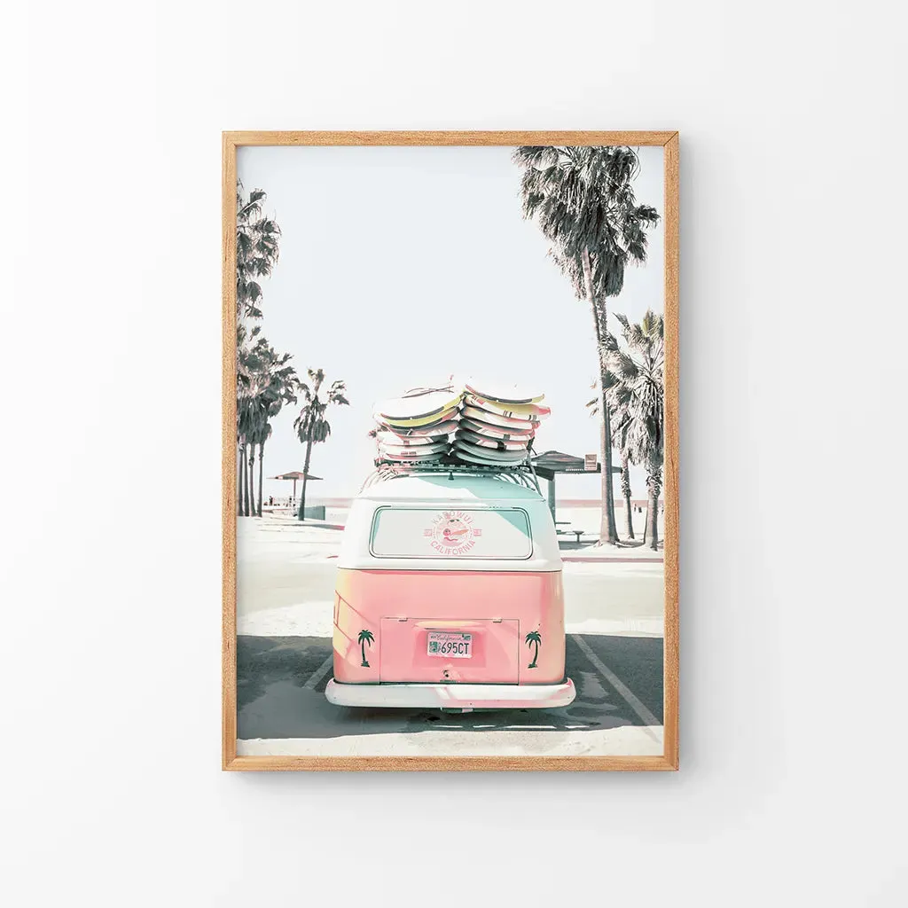 Pink Vintage Van Print. Tropical Summer Surfing Wall Art